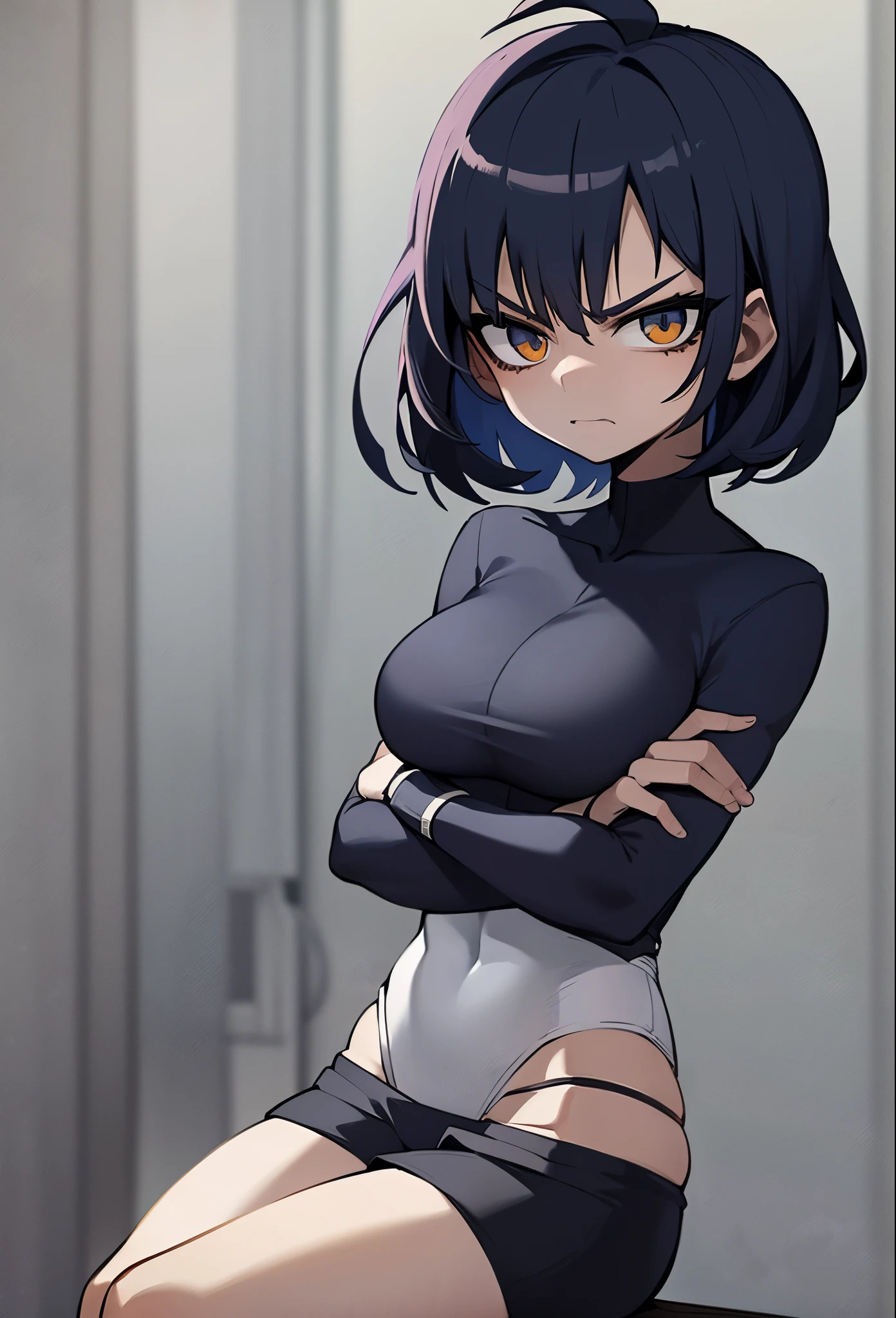 Anime style image of a girl with short blue hair wearing a very tight uniform and her arms are full of bandages, she has a serious expression and is angry