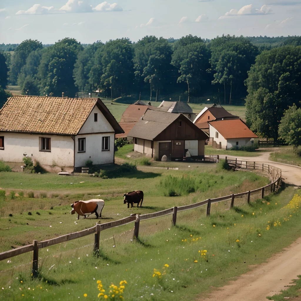 70's masurian country landscape, with golden weath, houses with red roofs and glands with cows.