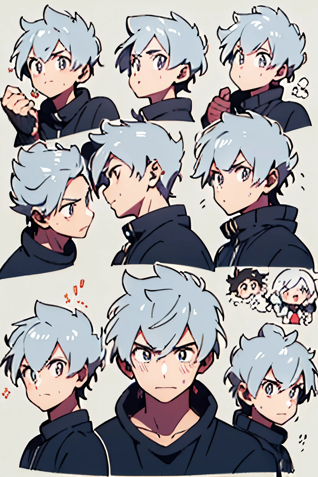 creates the image of a boy, with white hair, with lunar details, 9 emojis, 9 differente emotions