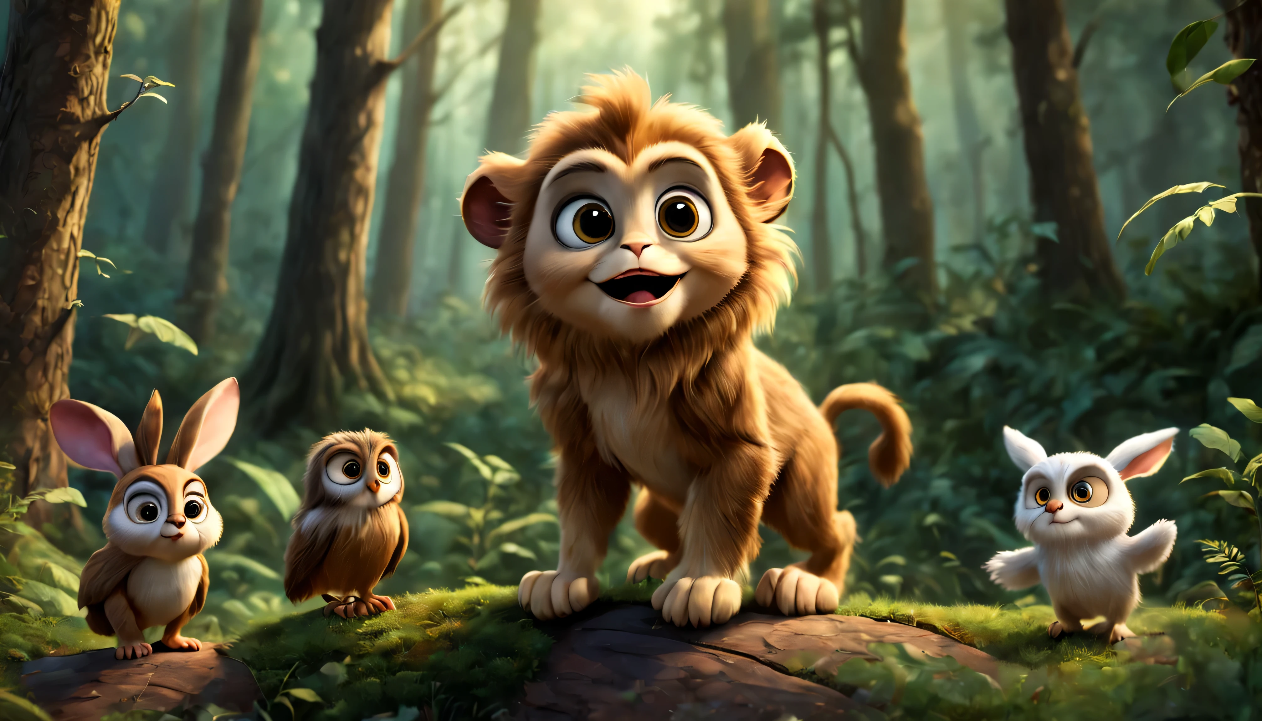Little lion in the forest, o macaco saltador, O Coelho Curioso, The wise owl, disneypixar, realista, 8k