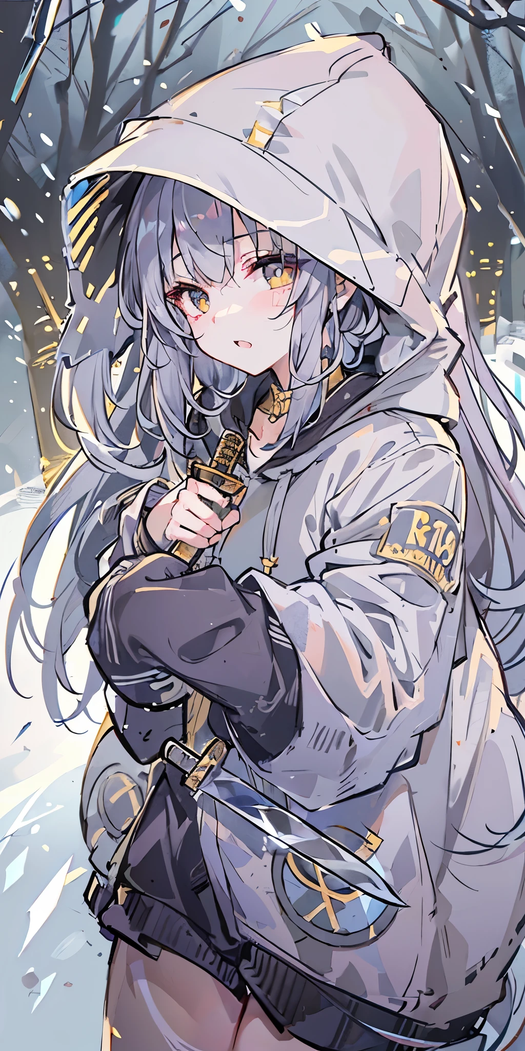 long hair、cute、white stockings、Heart-shaped pupils、solo、gray hair、winter、snow、outdoor、(((golden eyes)))、Ahoge、(((Black hoodie)))、head covering、With weapons、(((((battle)))))、 cold look、 Filmography、 ((((((knife))))))、 village、((((Show the whole body))))、
