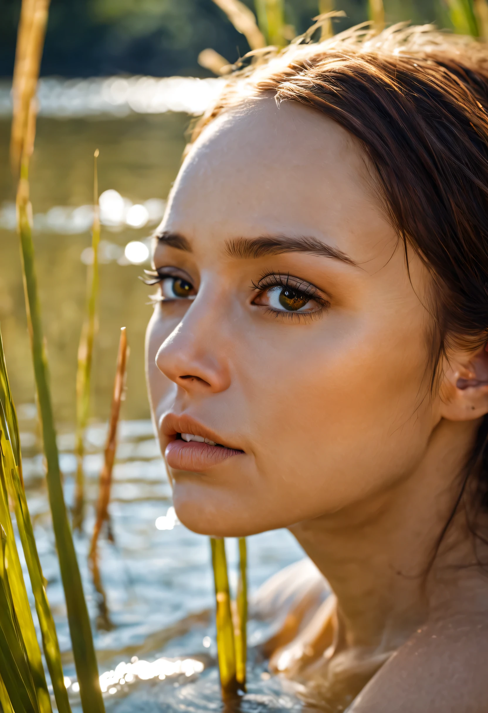 amber queen, close up portrait of a cute woman (gldot) bathing in a river, reeds, (backlighting), realistic, masterpiece, highest quality, lens flare, shade, bloom, [[chromatic aberration]]