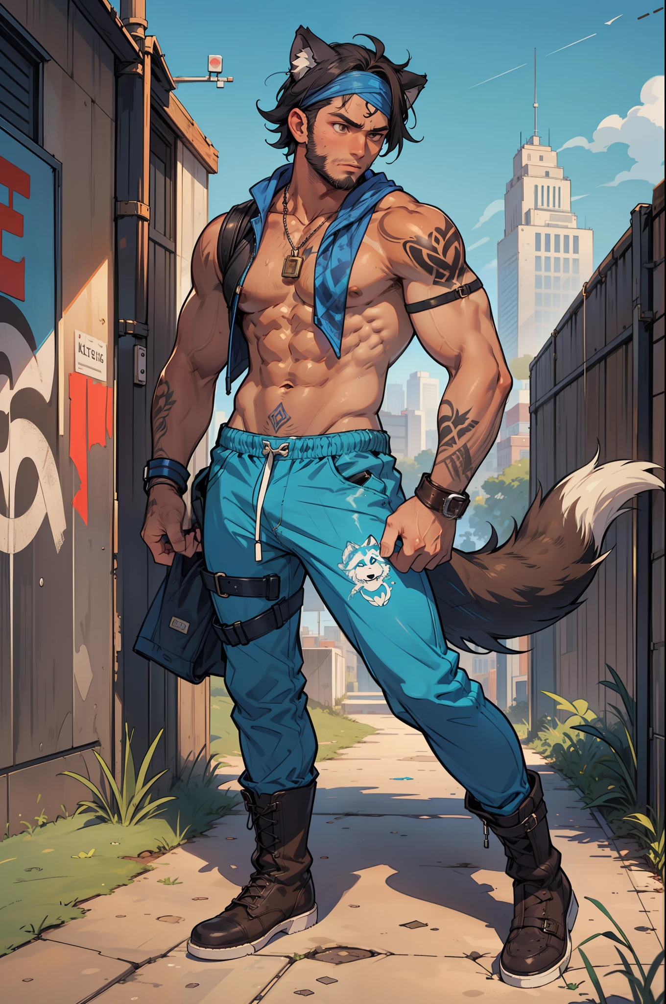 ((showing deep v-line)), shirtless, topless, skateboarder punk man ((wearing brown boots)), masculine, full body shot, viewed from above, highly detailed face, sweating, masculine with short beard, body hair, ((dark tanned skin)), bulge, short blue hair, ((has wolf ears)), ((has wolf tail)), neon grunge punk graffiti, wearing ((black leather)) pants, ((he is solo, he is alone)), ((blue tattoos)), wearing bandana and leather wrist bands, wearing fingerless gloves, muscular thighs