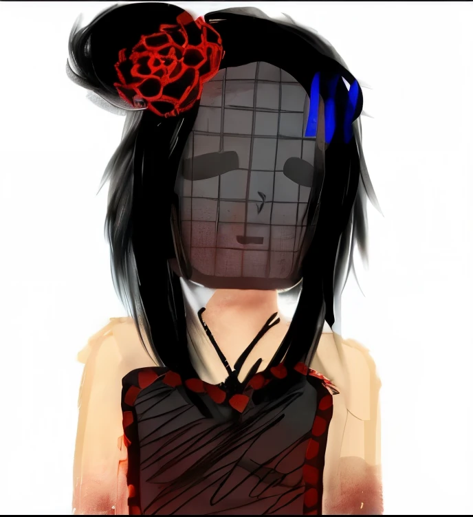 Girl with black hair. She has a rose on her tail. as well as, she has a gray mask covering her entire face, which shows emotion. She was a little upset about it, that she stained her black dress with blood.