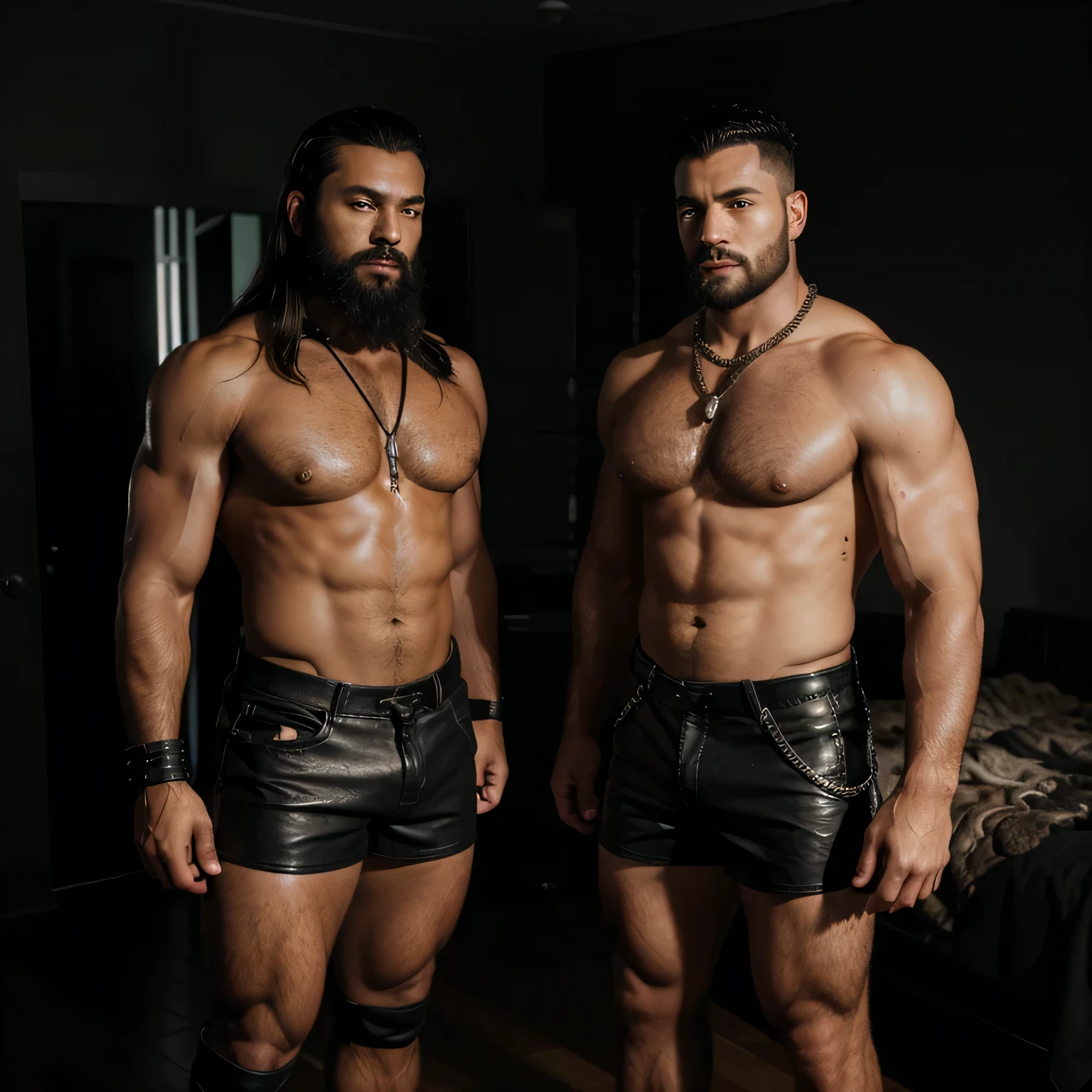 two men with a thick, Barbe noire, Strong and muscular, head is shaved. debout dans le noir, poorly lit room. torse nu, but wearing a worn black leather jacket open over a hairy, muscular torso. wear fitted leather shorts. porte des bottes de rangers en cuir. Metal Chains.