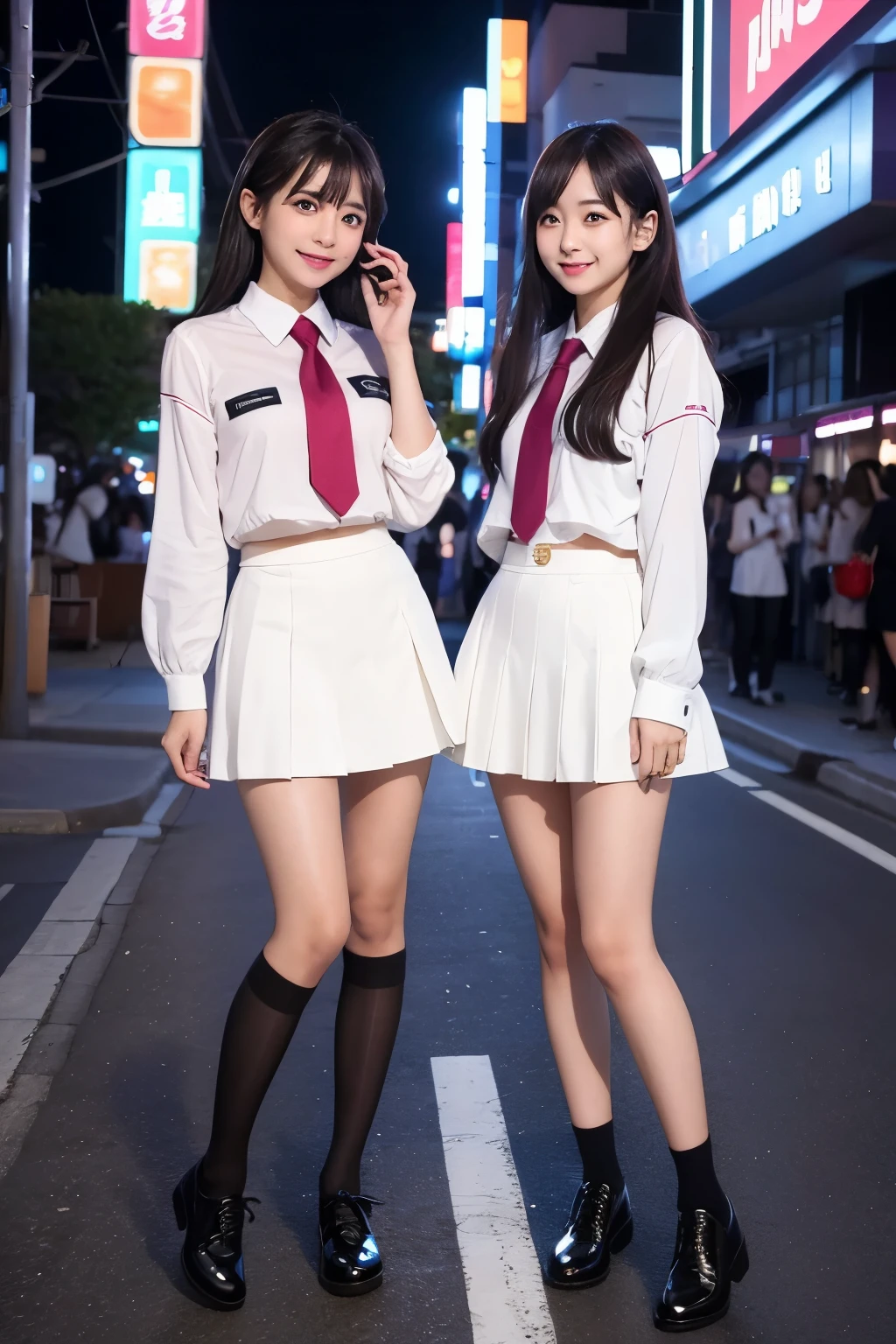 high angle shot、center view、Two arafe asian women in underwear standing on neon street in the middle of the night、Phenomenally cute girl、japanese girl、surreal 、surreal 、Underneath is a uniform skirt、 Pause、Full body Esbian、nice skin、glowing skin、nice thighs、Shining thighs、shining legs、Black high socks above the knee、Japanese high school 、Nogizaka Idol、korean idol、please invite me inside、inviting eyes