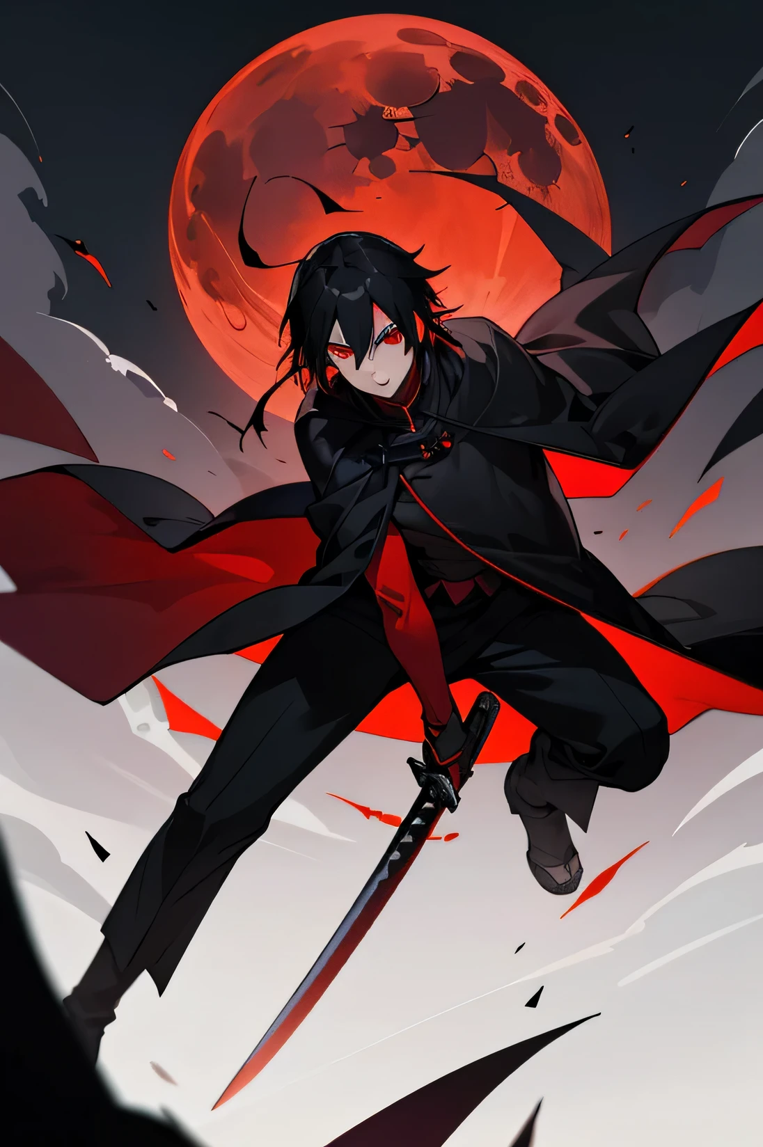 Male, young teen, red eyes, black and red yukata, Black Cape covering clothes, Katana, Vampire, Black Hair, Night background, Red Moon