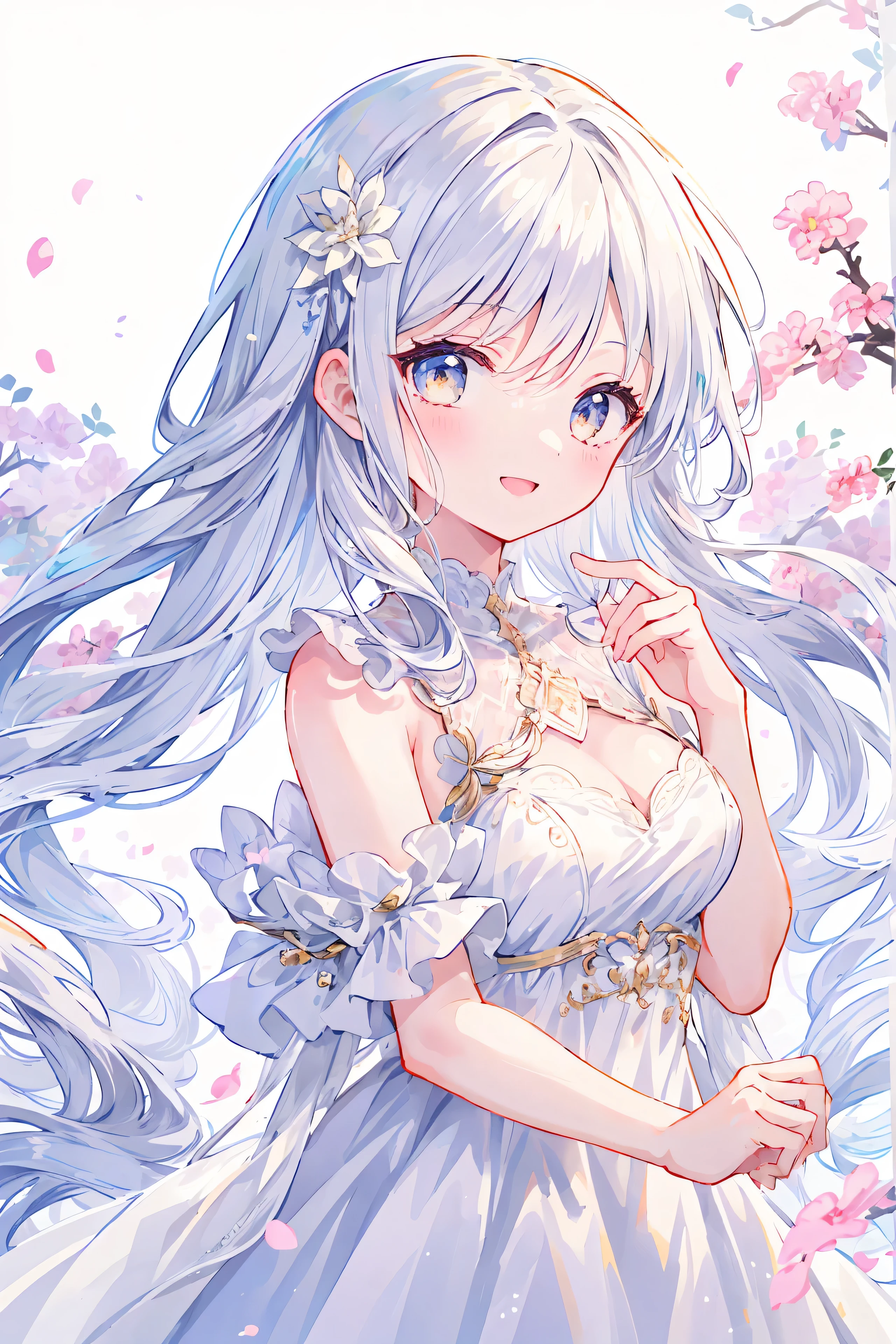 4+ Filles, (chef-d'artwork, superior quality, best quality, art officiel, beautiful and aesthetic), ((illustration)),fond blanc,sourire heureux,illustration d'Anine、 Beautiful girl with a sense of Transparence, longs cheveux blancs brillants, peau blanche et lisse, yeux blancs, robe en mousseline blanche, ambiance douce, dazzling sunlight, l'air heureux, fond blanc, Transparence, -s 1000