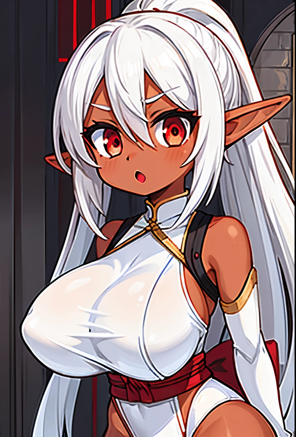 (tanned elf girl:1.2), (white_hair red_eyes) (leotard ninja:1.2), (ice magic), (huge tits)