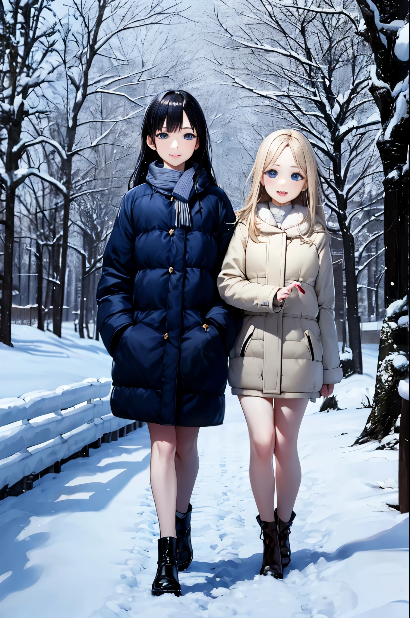 1 girl、long hair、blonde hair、blue eyes、winter、snow、winter、1 girl、stroll、紙吹snow、skirt up