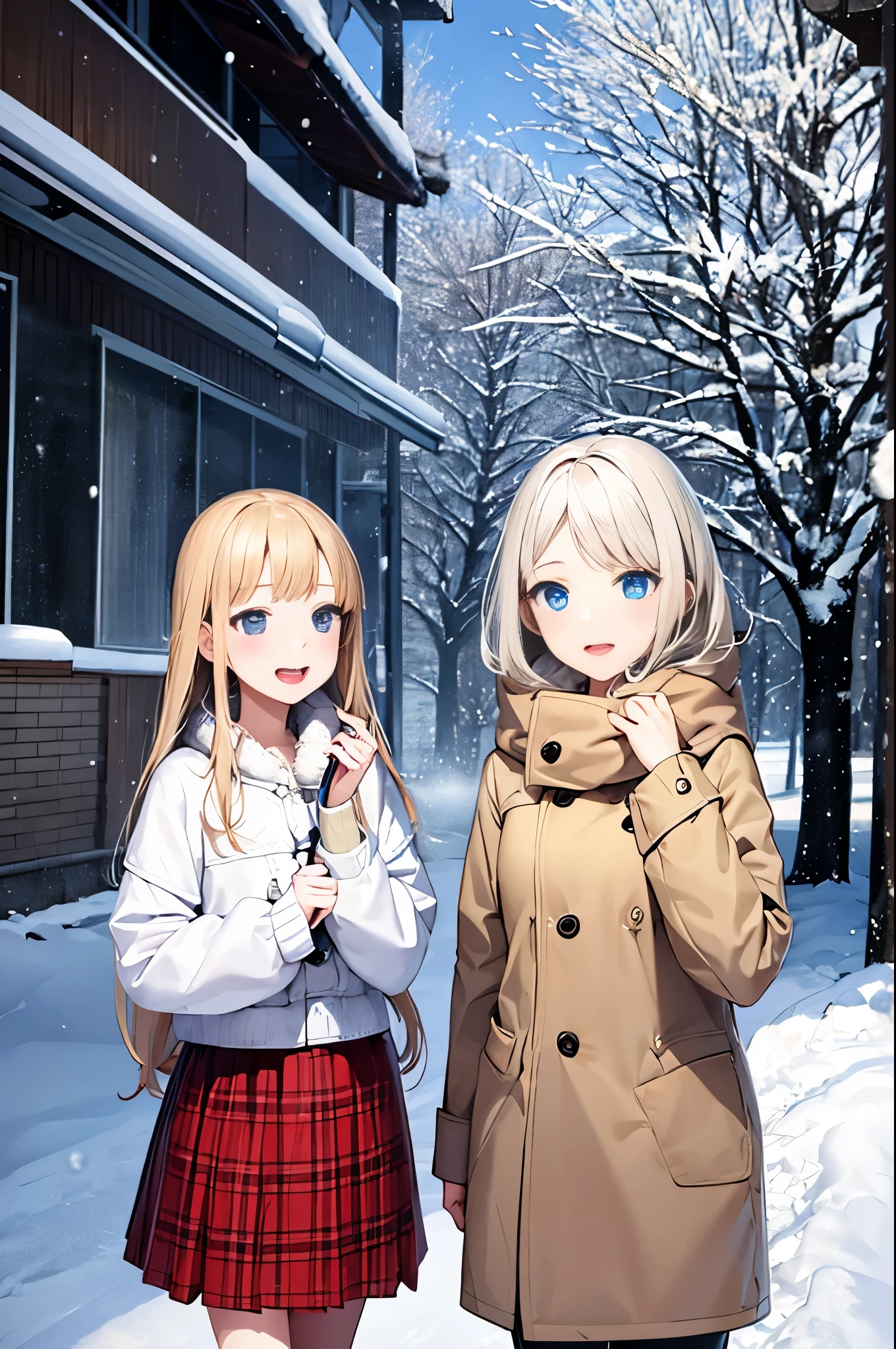 2 girls、long hair、blonde hair、blue eyes、winter、snow、winter、1 girl、stroll、紙吹snow、skirt up