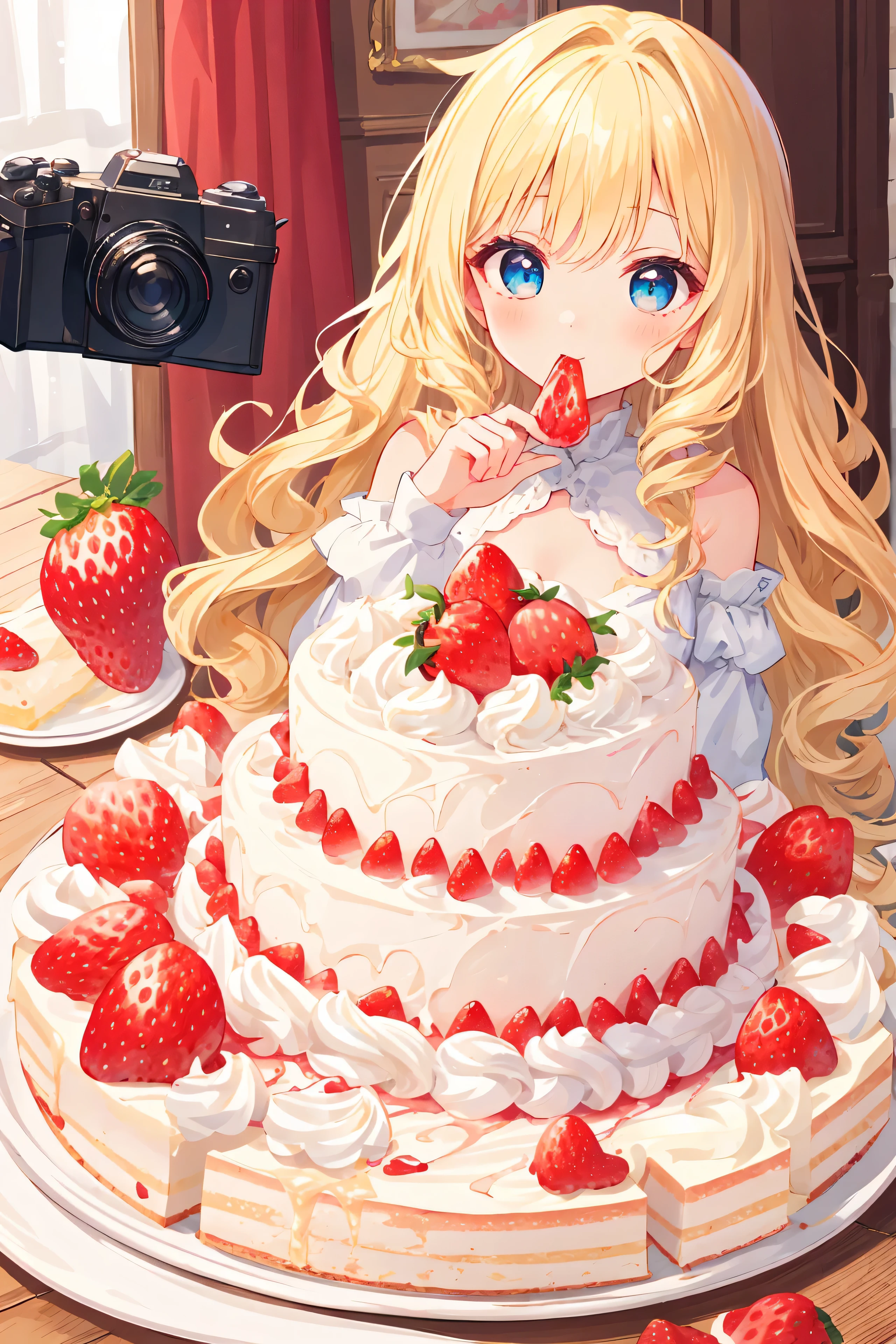 cheveux blonds,boucles,yeux bleus,fille adolescente,Eating strawberry cream cake with a fork,The corners of your mouth are covered in cream,Watch a camera