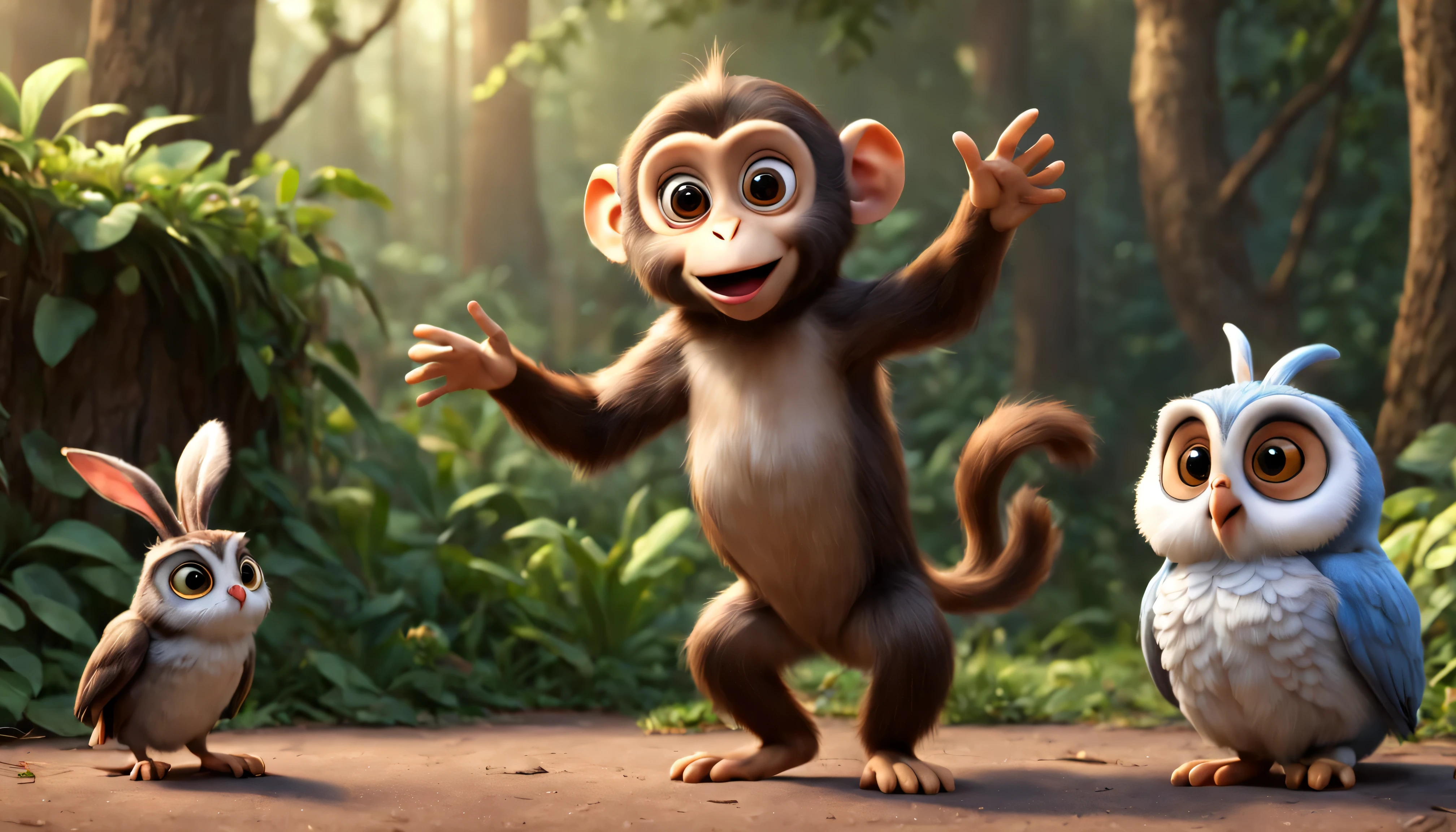 um macaco pulando conversando com um coelho e uma coruja, disneypixar, realista, 4k