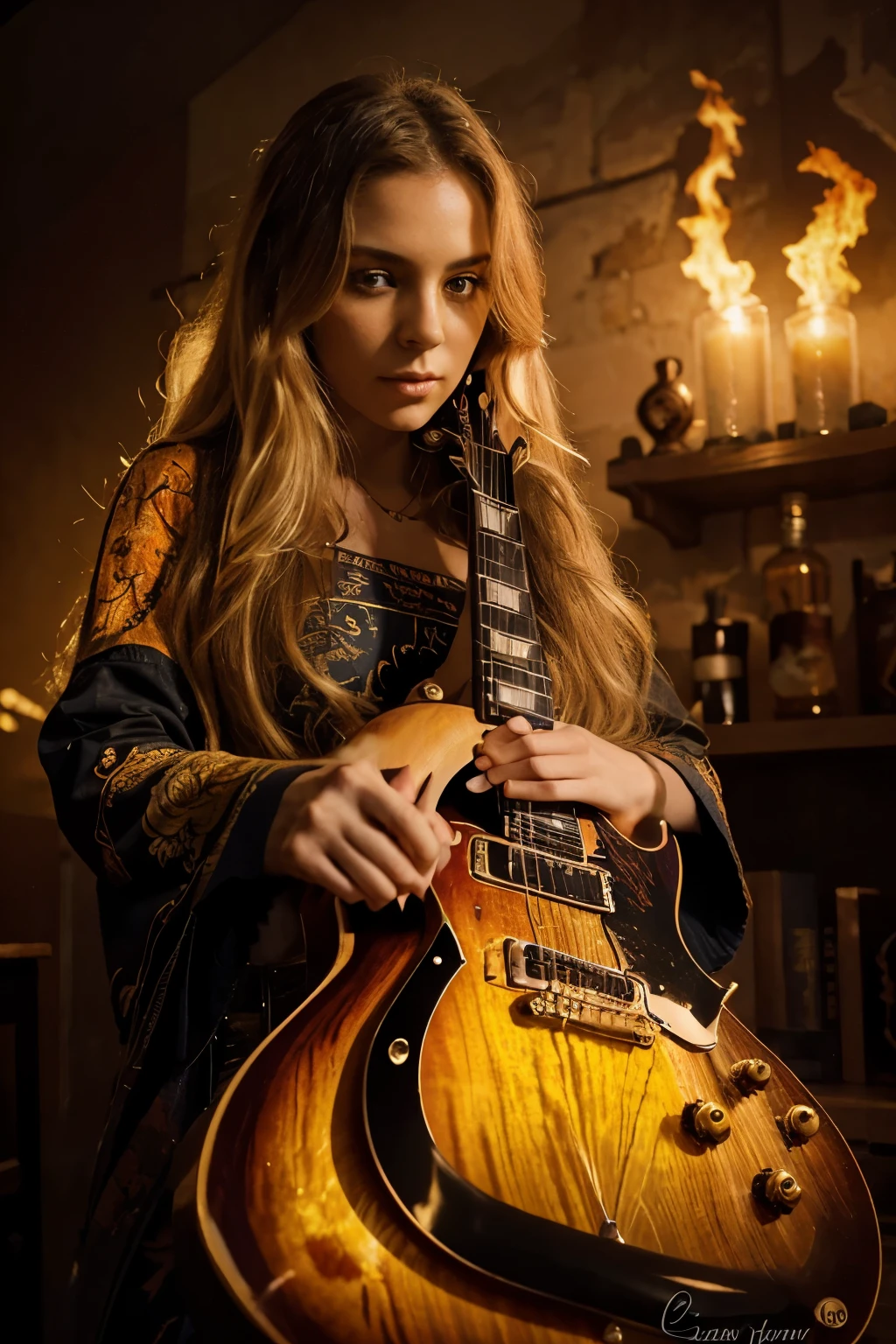 A woman with long, wavy blonde hair holds a Gibson SG guitar in her arms, its engraved dragon head standing out against the fiery background. The sunset paint palette of the scene consists of a yellow flamed body and an orange black handle, creating an intriguing contrast. The dragon head at the top of the guitar is meticulously engraved with blue flames and red and blue intricate designs, adding an alluring touch to the image. The woman's intensity and focus are reflected in her expressive gaze, as if she is about to play a captivating melody, exuding an aura of mystery and magic. She wears a casual outfit, halfway revealing her bare