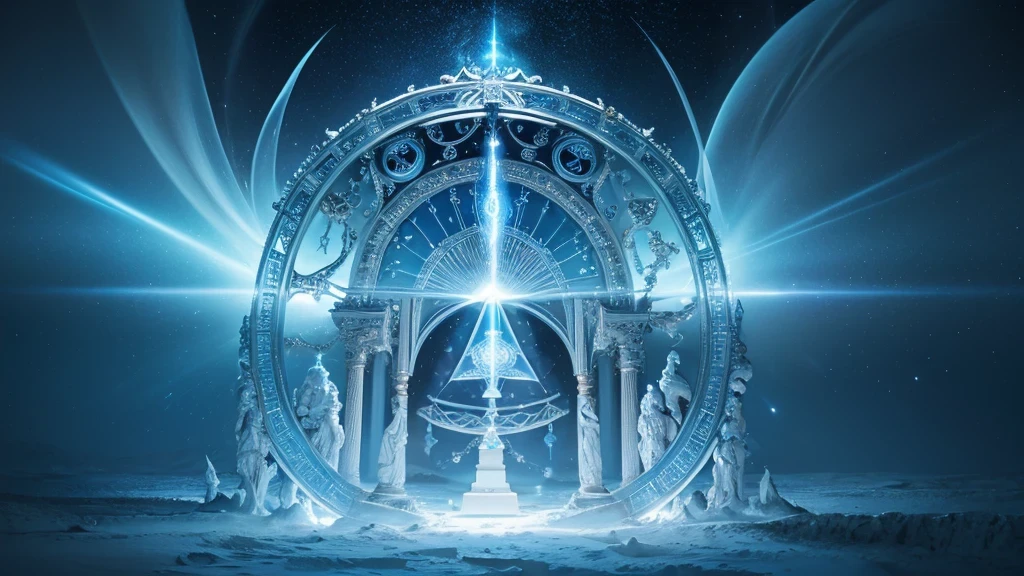 Light blue and white gradient luminous three-dimensional magic array，Extremely complex and exquisite details，best quality，Magical elements，white sun