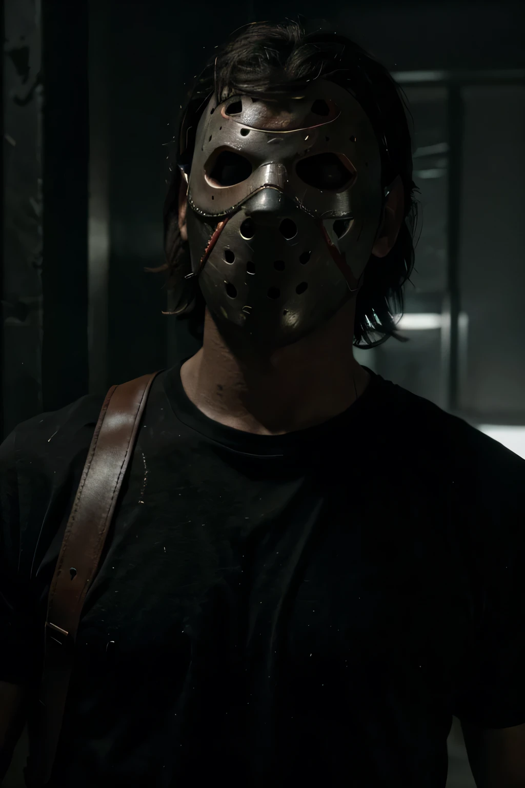 Gere uma imagem ultra-realista do personagem Jason de Sexta-Feira 13. The character should be wearing his iconic hockey mask and be in a dark outfit, threatening environment. The image should convey the feeling of suspense and terror characteristic of the Friday the 13th franchise.. frente iluminada, Dark basement as background.