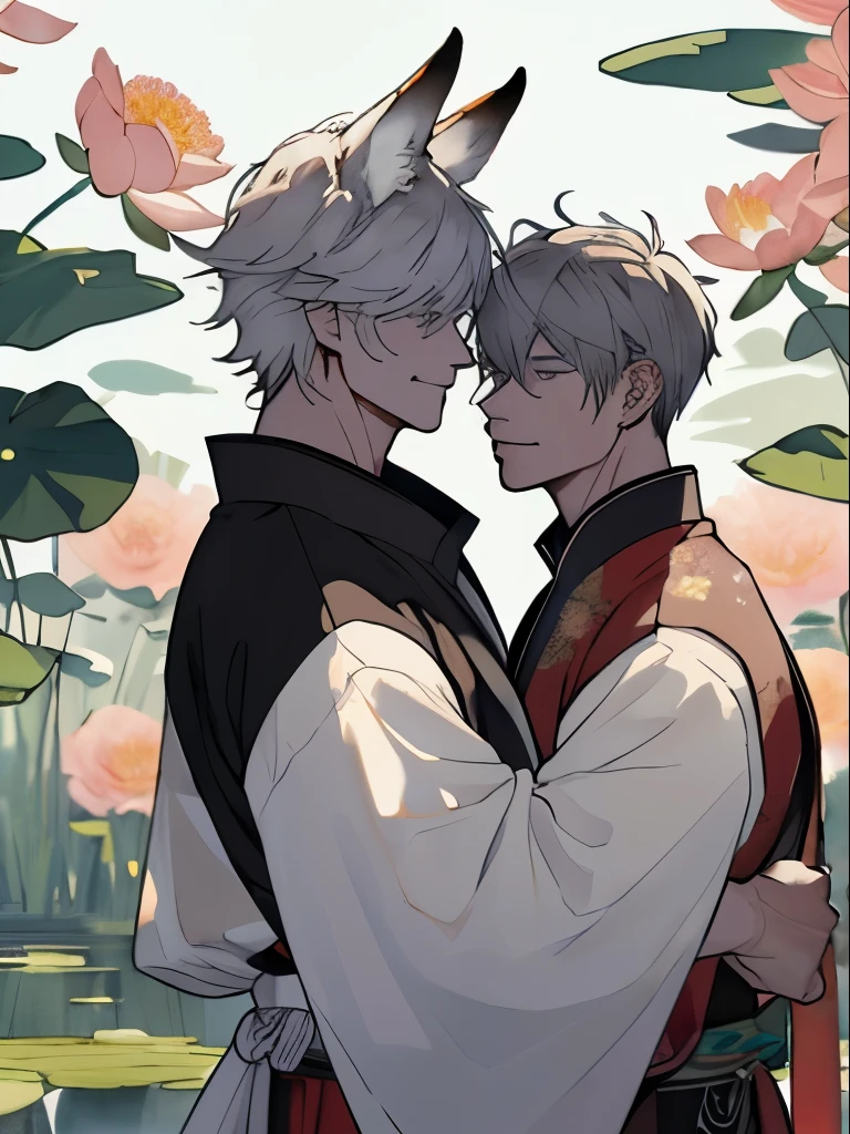 ((4K、masterpiece、top-quality))、(Two men smiling face to face)、Gray-haired man with beautiful fox ears、Armin、Strong man with black hair with wolf ears、Alvin、ink and watercolor painting、Traditional Chinese Ink Painting、lotuses、Hanfu、Maxi Kit、Dress conservatively、Animal ears,、bule、florals、Lots of flowers nearby、shenron、extra detailed face