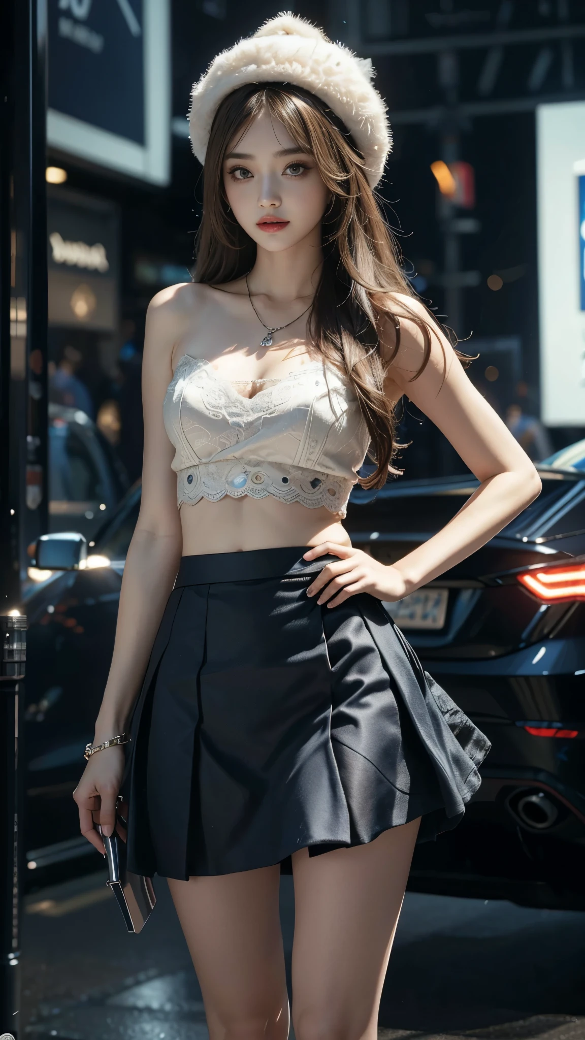 4K ultra hd, masterpiece, a cute girl, long hair, beautiful hairstyle, skirt, blue skirt, bare waist, lace, necklace, hat, cyberpunk,