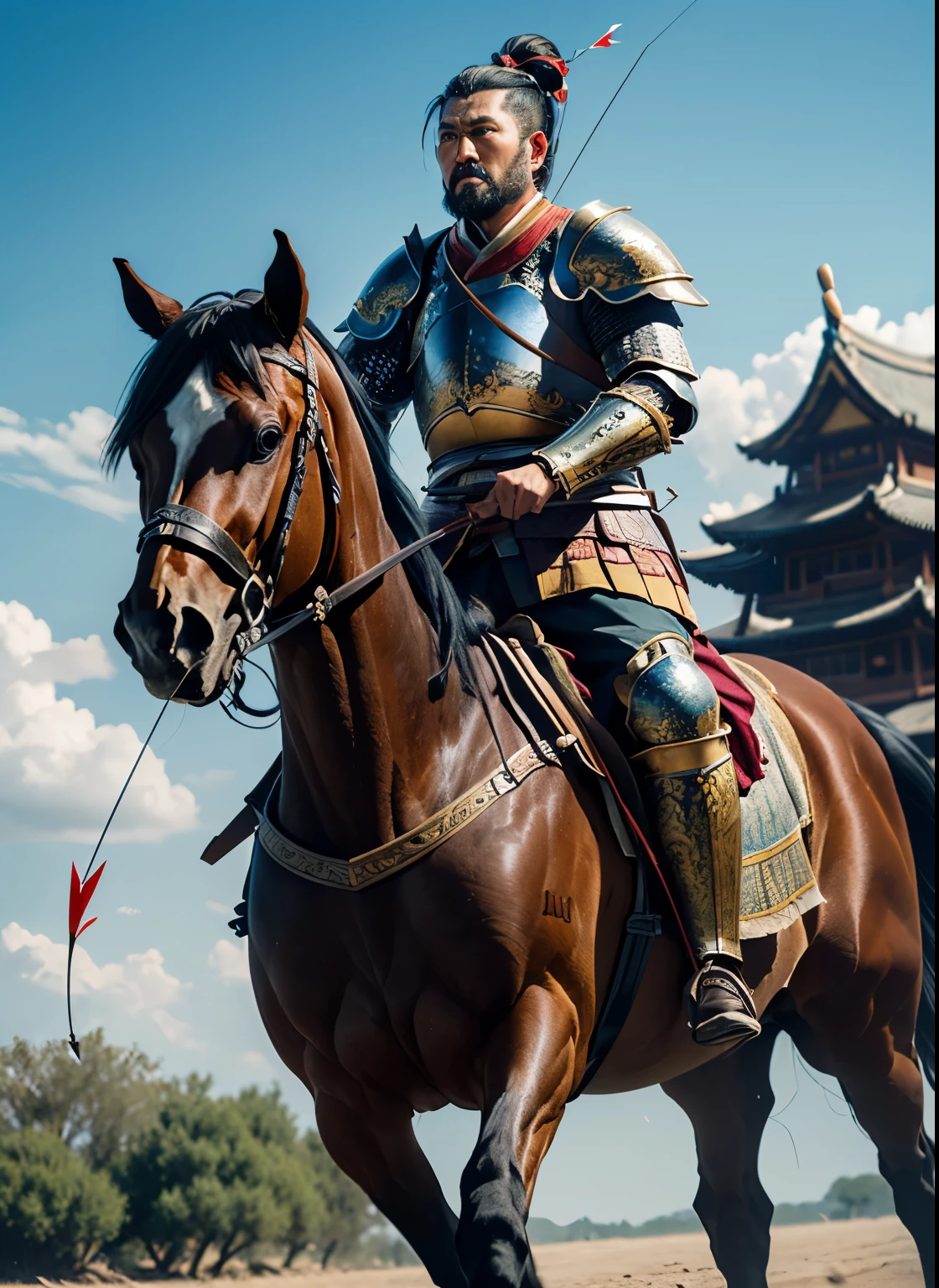 Masterpiece, ultra detailed, best quality, 8k, !(a man in armor riding a horse with a bow and arrow, mongol, genghis khan, Tatar warrior, Kurshik , bow ashigaru, horse warrior)