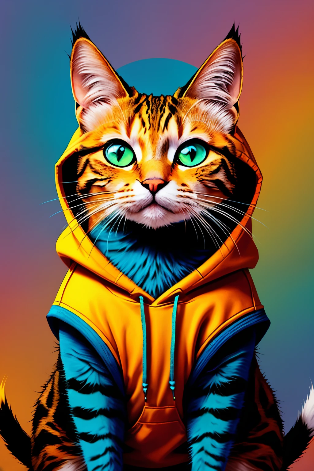 A cartoon cat wearing a hoodie, in the style of hyper-realistic pop-art fusion, is depicted with vivid color combinations that burst with life. Comic art influences are apparent in the exaggerated features of the feline's rounded eyes and expressive whiskers. Kimoicore elements add an extra layer of charm and cuteness to this piece. The cat's hoodie is intricately detailed, and the points where the hood meets the ears are skillfully blended with the cartoonish cat features.

Pointillist artworks add texture and depth to the vibrant color palette, with light amber and cyan hues dominating the scene. The cat's smile is play