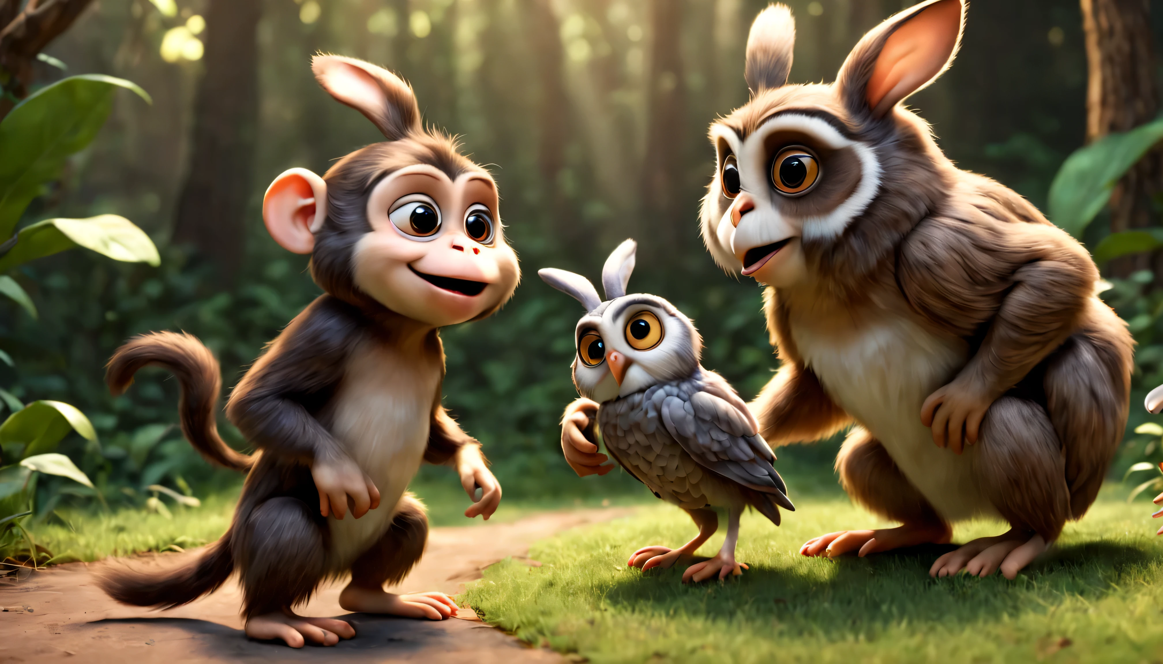 um macaco pulando conversando com um coelho e uma coruja, disneypixar, realista, 4k