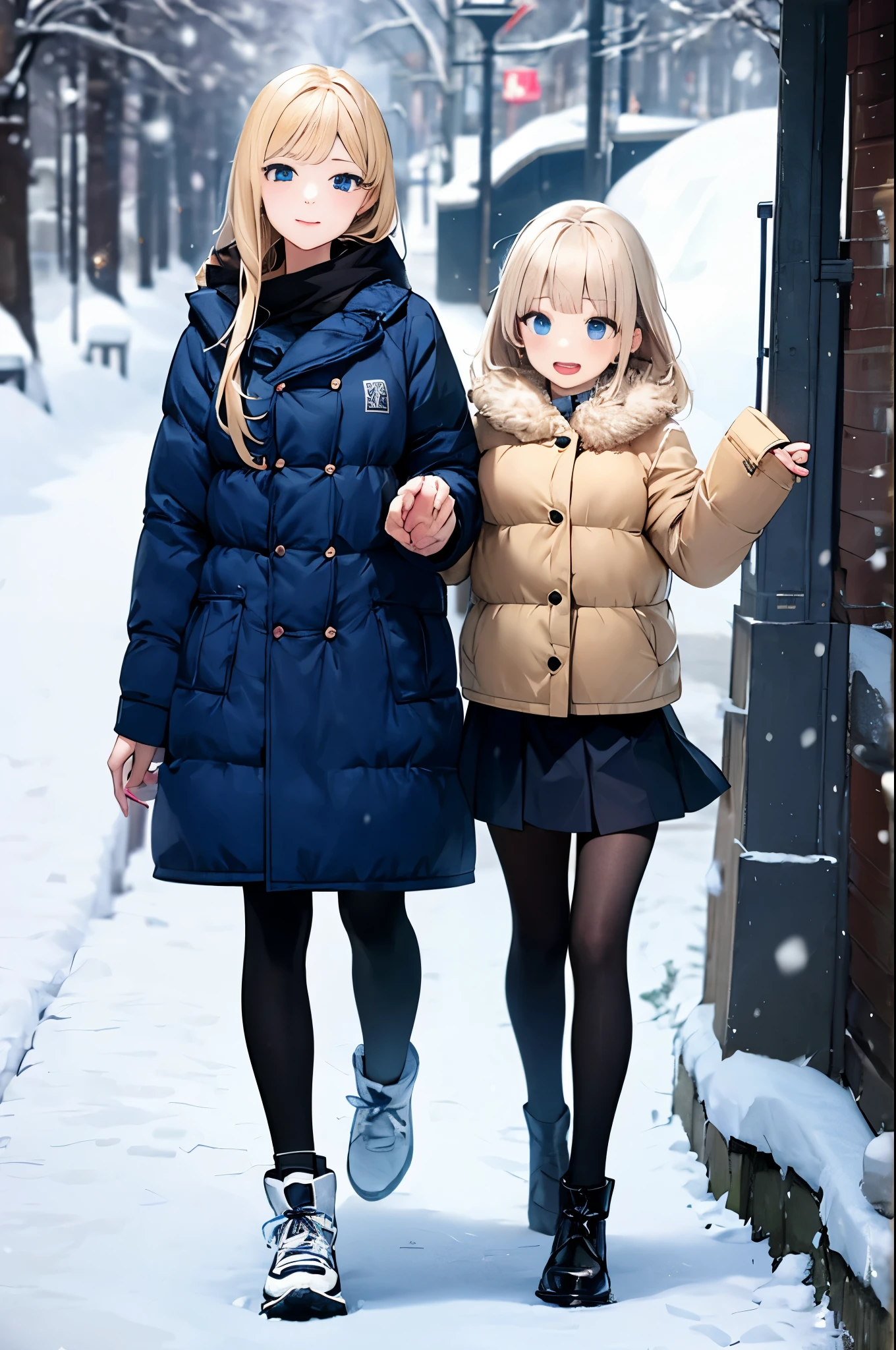 2 girls、long hair、blonde hair、blue eyes、winter、snow、winter、1 girl、stroll、紙吹snow、skirt up