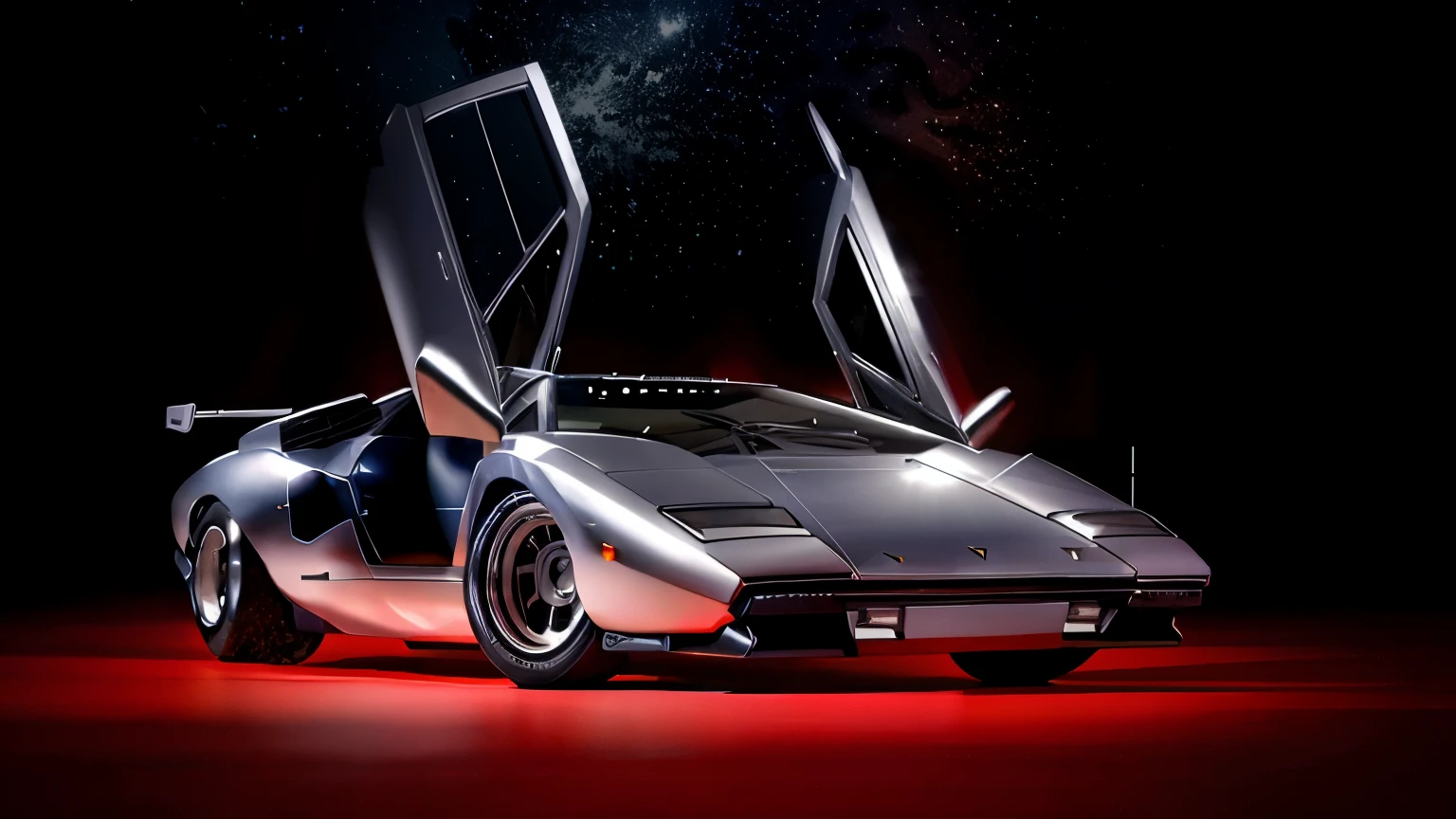 iridescent silver Lamborghini Countach car on a road, (3 quarter view), Hasselblad, sharp focus, masterpiece, best quality, official art, extremely detailed CG unity 8k wallpaper, illustration, moving, background motion blur, wet, (((NIGHT))),neon lights, drift,  