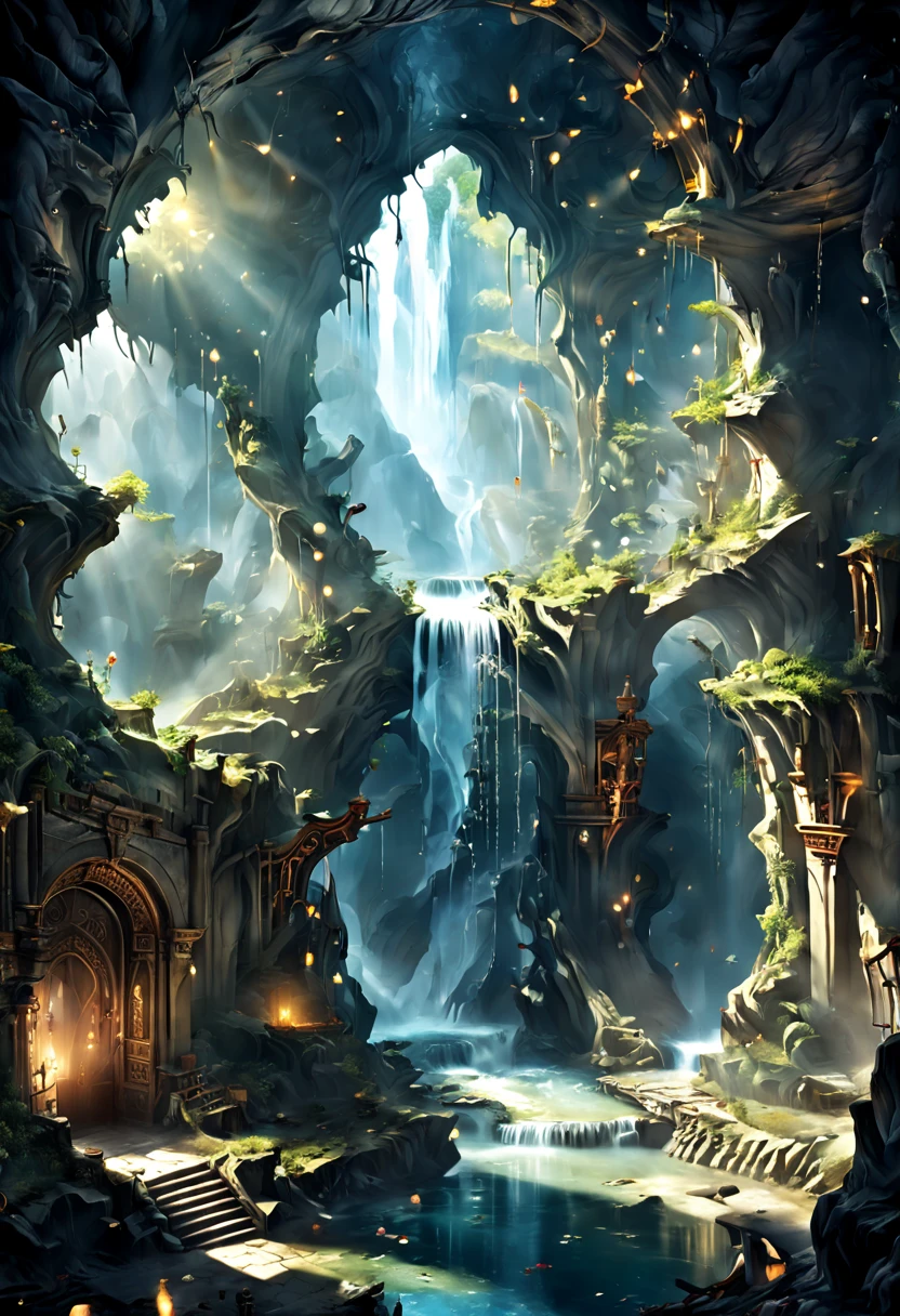 Forgotten Gate of Time and Space.Underground cave room with waterfall,Forgotten Gate of Time and Space/Forgotten Gate of Time and Space/The Forgotten Gate of Time and Space Fantasy Design, Luxurious environment, underground cave environment,, Beautiful fantasy cave scene, futuristic setting,Forgotten Gate of Time and Space