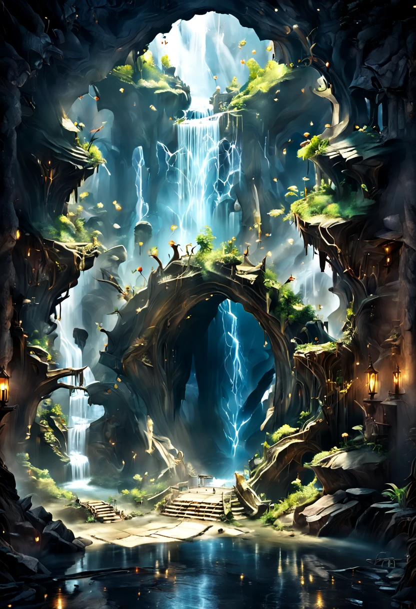 Forgotten Gate of Time and Space.Underground cave room with waterfall,Forgotten Gate of Time and Space/Forgotten Gate of Time and Space/The Forgotten Gate of Time and Space Fantasy Design, Luxurious environment, underground cave environment,, Beautiful fantasy cave scene, futuristic setting,Forgotten Gate of Time and Space