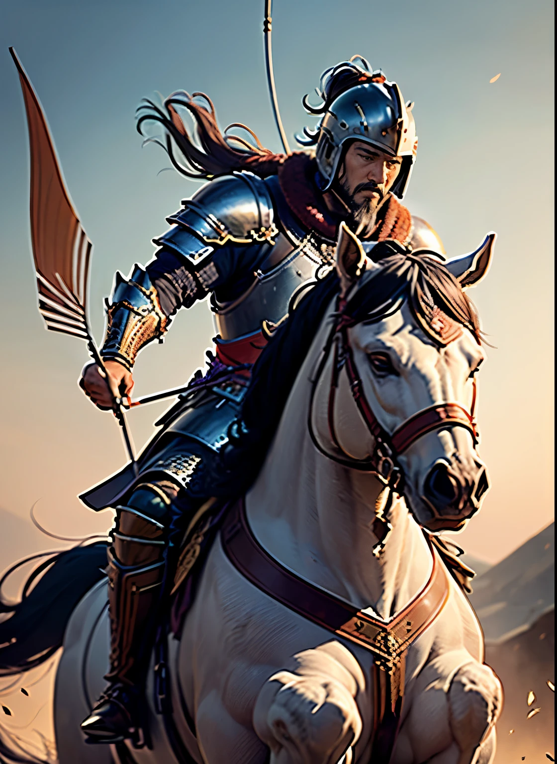 Masterpiece, ultra detailed, best quality, 8k, !(a man in armor riding a horse with a bow and arrow, mongol, genghis khan, Tatar warrior, Kurshik , bow ashigaru, horse warrior)