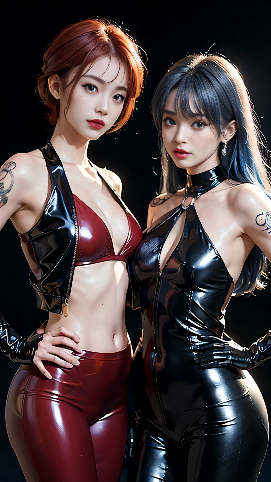 ((masterpiece:1.4)、(highest quality:1.4)、(realistic:1.7))、masterpiece:1.4、(Finest rendering:1.4)、beautiful girl dirty pair、(Beautiful Space Investigator Dirty Pair:1.4)、Kei and Yuri space investigator duo、(Kei and Yuri are cute girl names:1.2)、two investigators, Kei and Yuri stand side by side...、(Written by Luis Royo:1.4)、(hold a gun:1.2)、Body fit sexy investigator duo uniform、(luxury shiny latex:1.4)、(white sleeveless uniform jacket)、(Underwear red sexy super ultra bikini)、(luxury red latex:1.4)、19 years old、(cute tattoo:1.4)、(wearing white gloves)、(two cute girls:1.4)、super beautiful、sharp focus、portrait photography:1.4、8K、realistic photo images:1.4、(perfect female body:1.4)、perfect proportions、sexy couple、(Upper body shot:1.4)、beautiful face、(beautiful skin:1.4)、beautiful eyes、tight waist、(Beautiful girl with long legs and good style:1.4)、beautiful feet、(Kei has red hair:1.4)、(Yuri has blue hair:1.4)、(long hair:1.2)、beautiful breasts、big breasts:1.2、sexy ass、RAW photo、red lips、red high heels:1.4、choker:1.4、necklace:1.4、earrings:1.4、1 screen display、cyberpunk city:1.2
