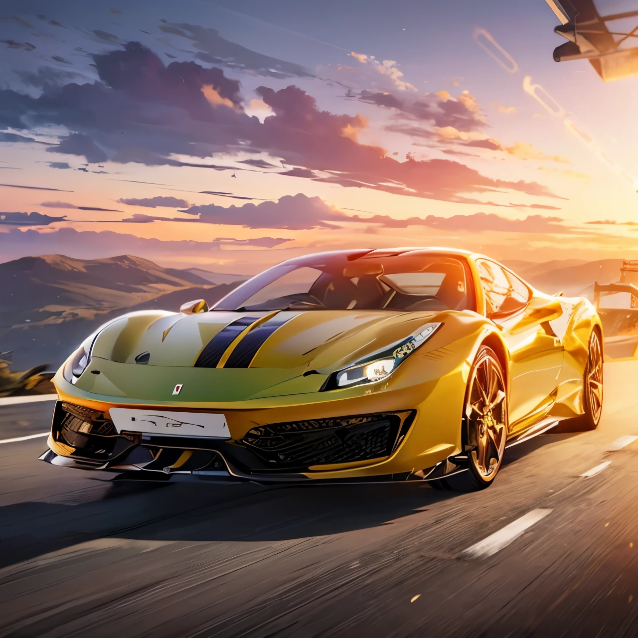 Make a ferrari model 458 italia towards sunset while driving on a mountain road