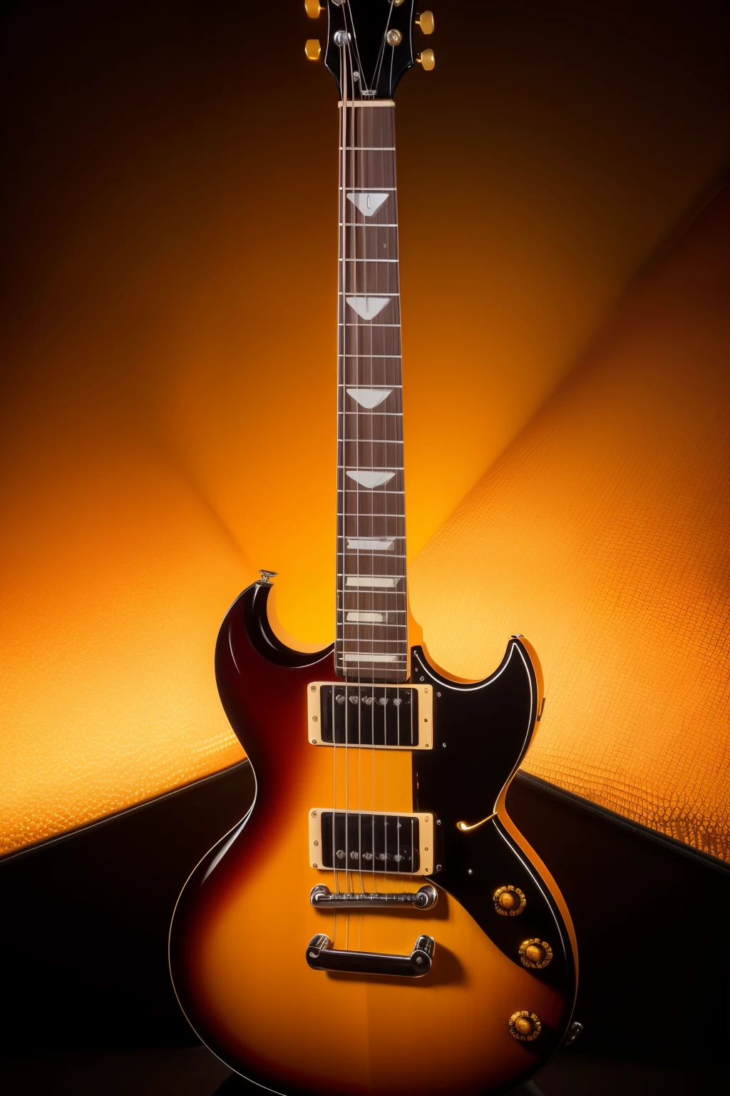 A captivating image of a Gibson SG guitar with a yellow-orange body and a black neck, set against a backdrop of fiery flames. The guitar's polished surface reflects the vibrant hues of the yellow, red, and blue flames, creating an intriguing interplay of light and shadow. The guitar's delicate details are showcased in this volumetrically lit, cinematic rendering, further enhancing its allure and appeal. With a level of detail that's nothing short of mesmerizing, this 8k image proves to be a true masterpiece. (Masterpiece: 1.5, Gibson SG, Yellow-orange body, Black