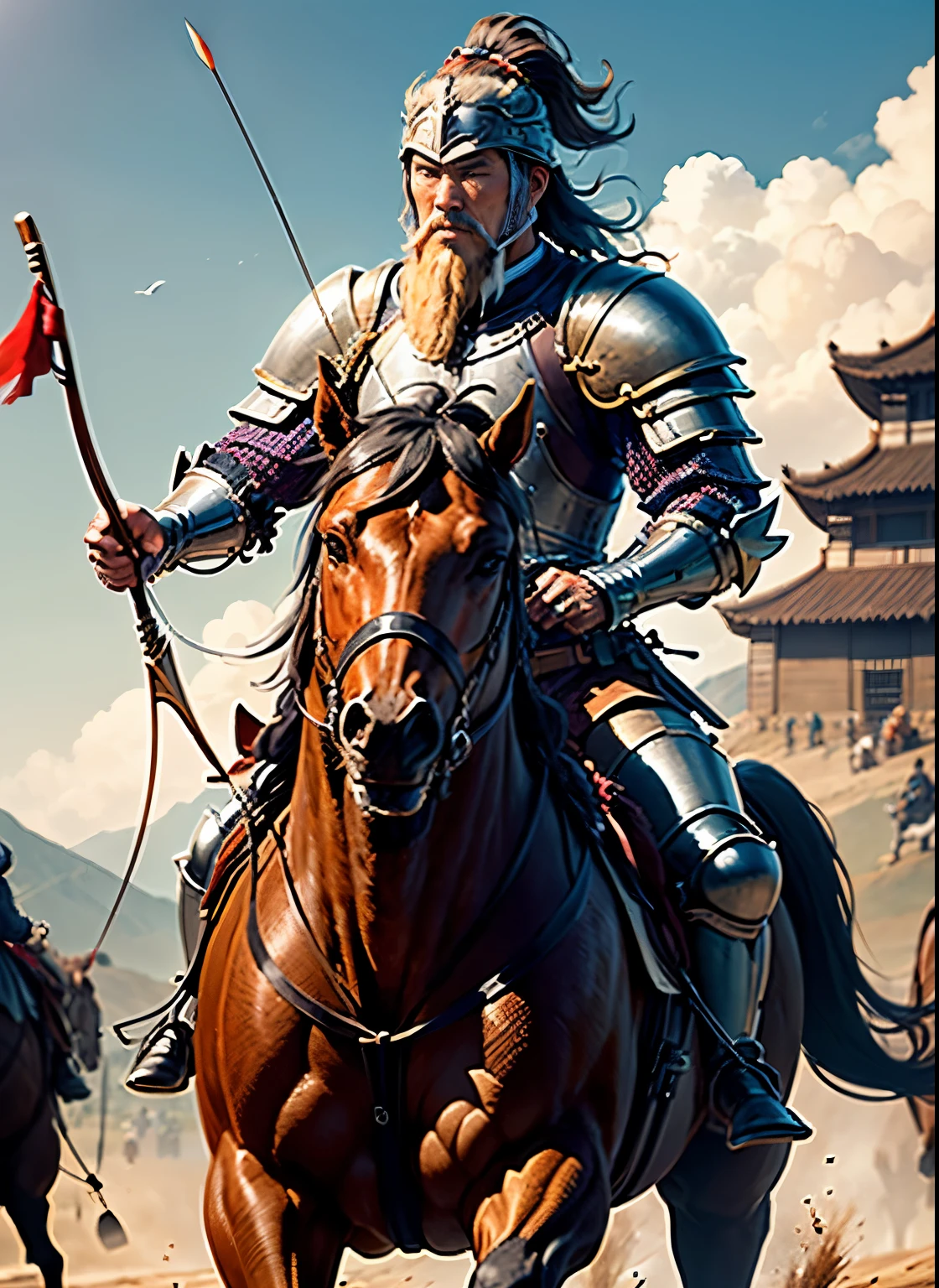 Masterpiece, ultra detailed, best quality, 8k, !(a man in armor riding a horse with a bow and arrow, mongol, genghis khan, Tatar warrior, Kurshik , bow ashigaru, horse warrior)