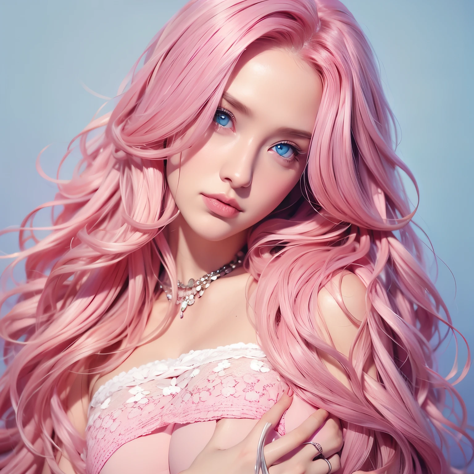 Woman, long curly hair, pink hair, blue eyes, elga