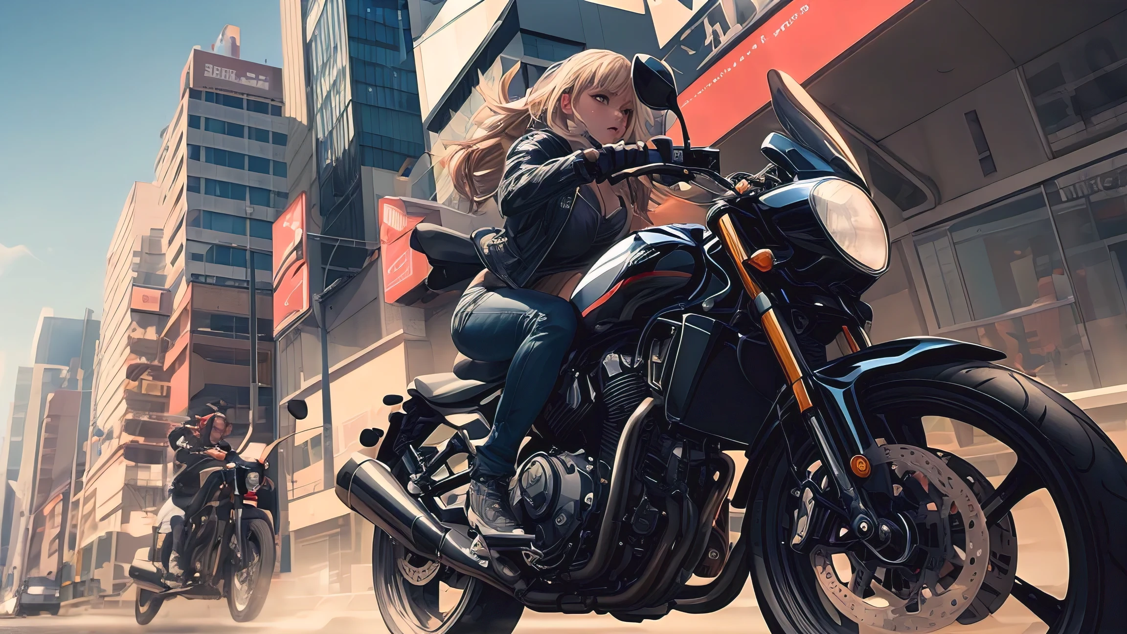 (best quality, masterpiece, photorealistic:1.3), woman, riding a motorcycle, perfect body, large breasts, bikini top, jacket, city streets, dynamic composition, dynamic light