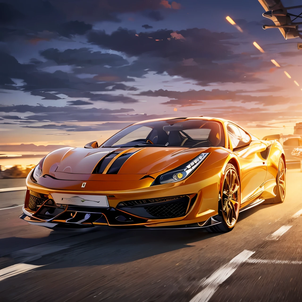 Make a ferrari model 458 italia towards sunset while driving on a mountain road