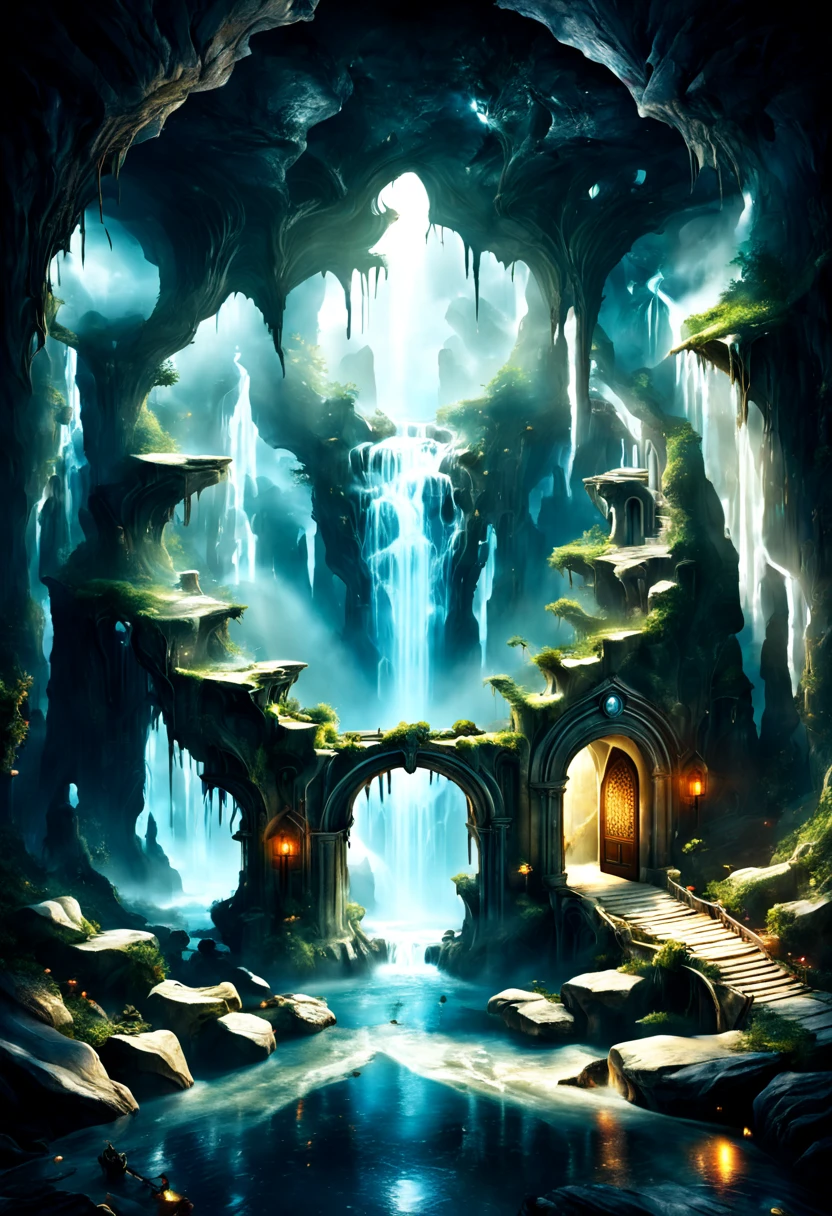 Forgotten Gate of Time and Space.Underground cave room with waterfall,Forgotten Gate of Time and Space/Forgotten Gate of Time and Space/The Forgotten Gate of Time and Space Fantasy Design, Luxurious environment, underground cave environment,, Beautiful fantasy cave scene, futuristic setting,Forgotten Gate of Time and Space