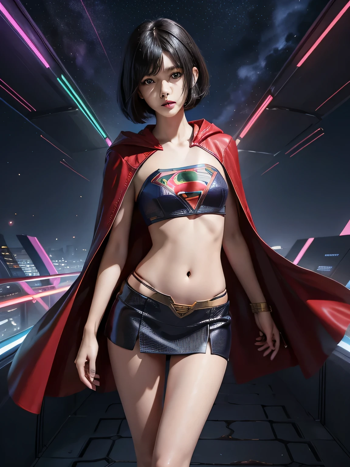 super girl&#39;very elementary school student, masterpiece, highest quality, abstract, psychedelic, neon, (Honeycomb pattern), (creative:1.3), fantasy00d、 black hair、bob cut with trimmed ends、flat chest、Thin crotch、lolicon、standing on the walkway、belly button、High-leg style、red cloak、