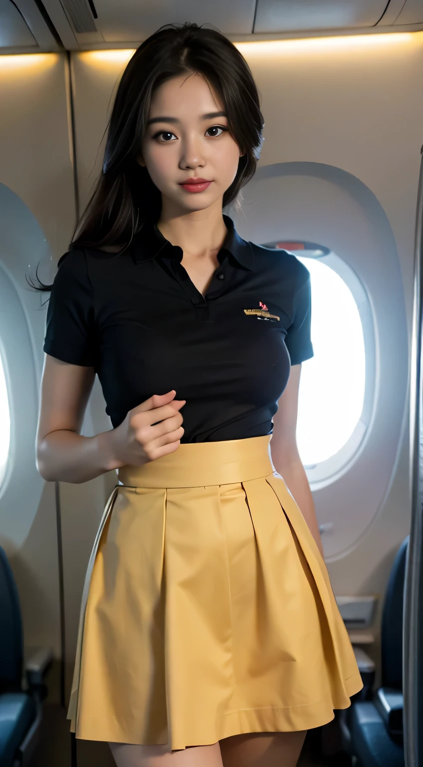 8K, Ultra HD, Best quality, masterpiece, ultra realistic, Photo, 1 girl, (18 years: 1.3), Beautiful girl, cute face, ((Shining eyes)), beautiful detail, Slim, ((stewardess)),((((Skirt lift)))),