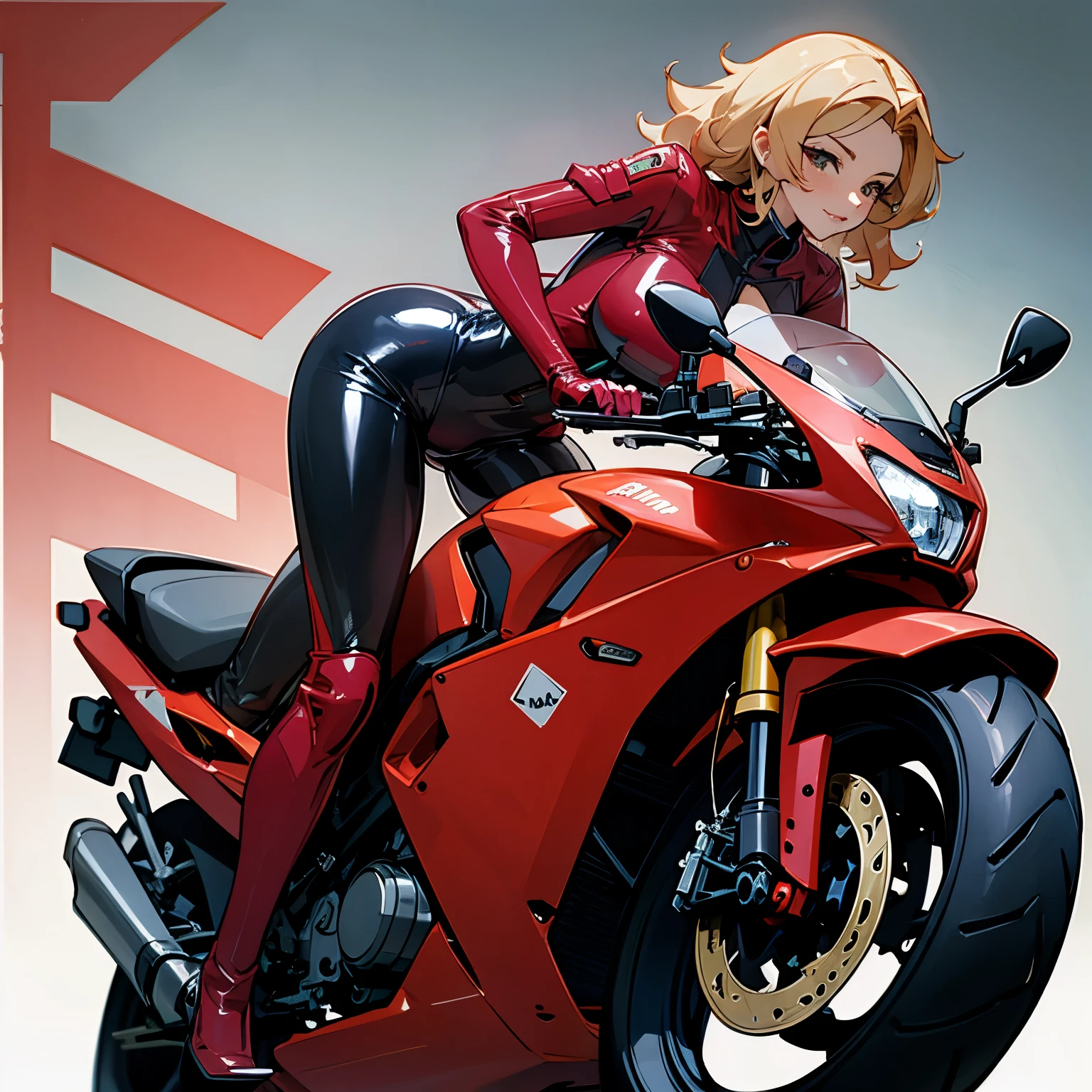 Busty and big ass anime milf in latex suit on a motorcycle