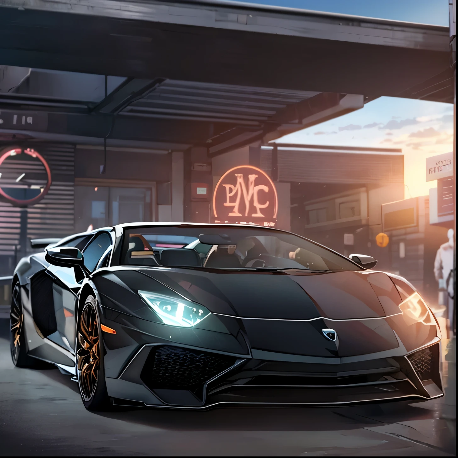 Make a lamborghini aventador SV towards sunset while driving on a mountain road