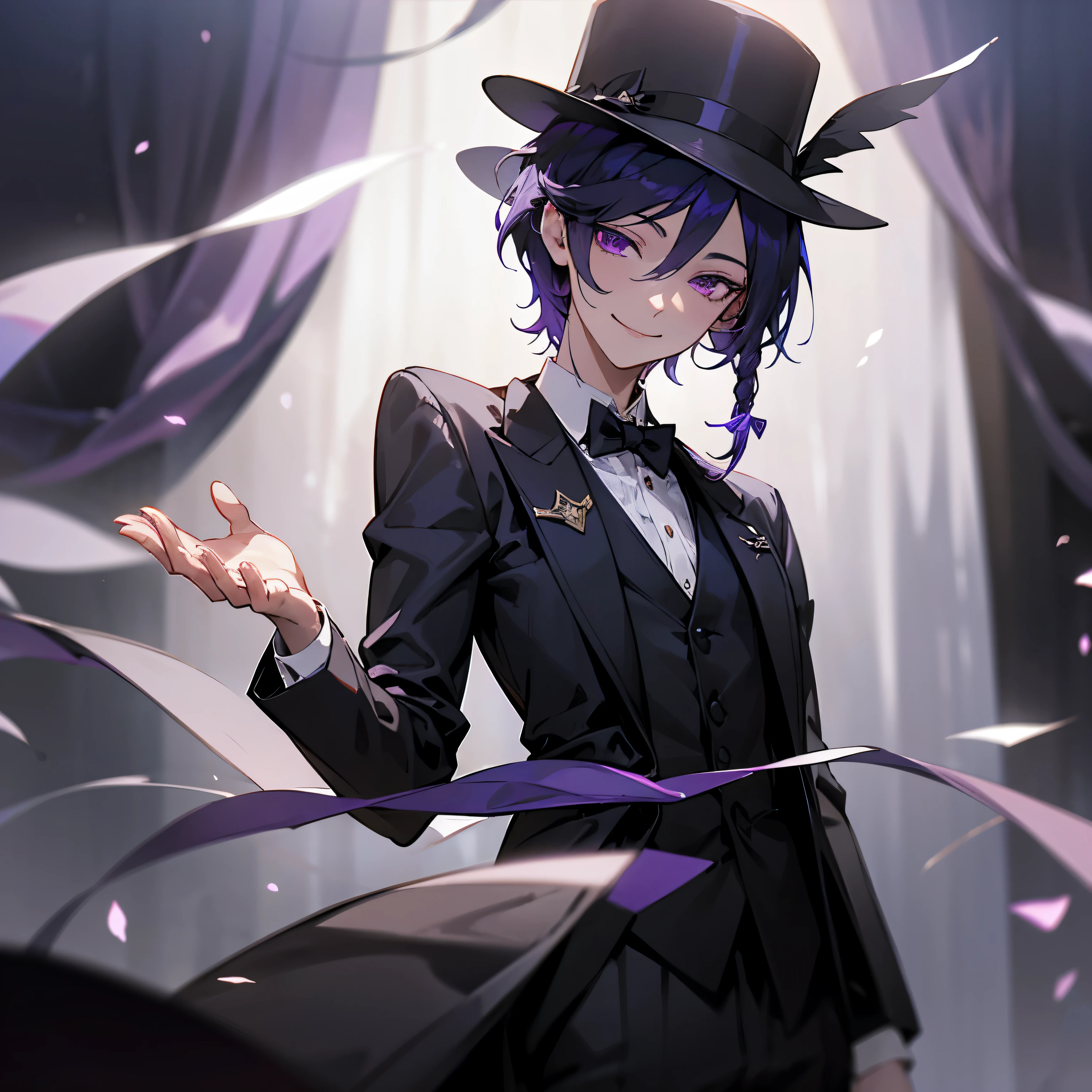 1 person, National Science Foundation, smile, Curtain call,on stage,magician, black emanates, short hair,The hair on the right is braided,Naturally hangs down.,dark purple eyes, noble, pale skin, The color is dull, Tuxedo, have, Swallow flocks,fantastic background,sharp focus, Mature, alone, male, Blurred foreground, Cinema lighting