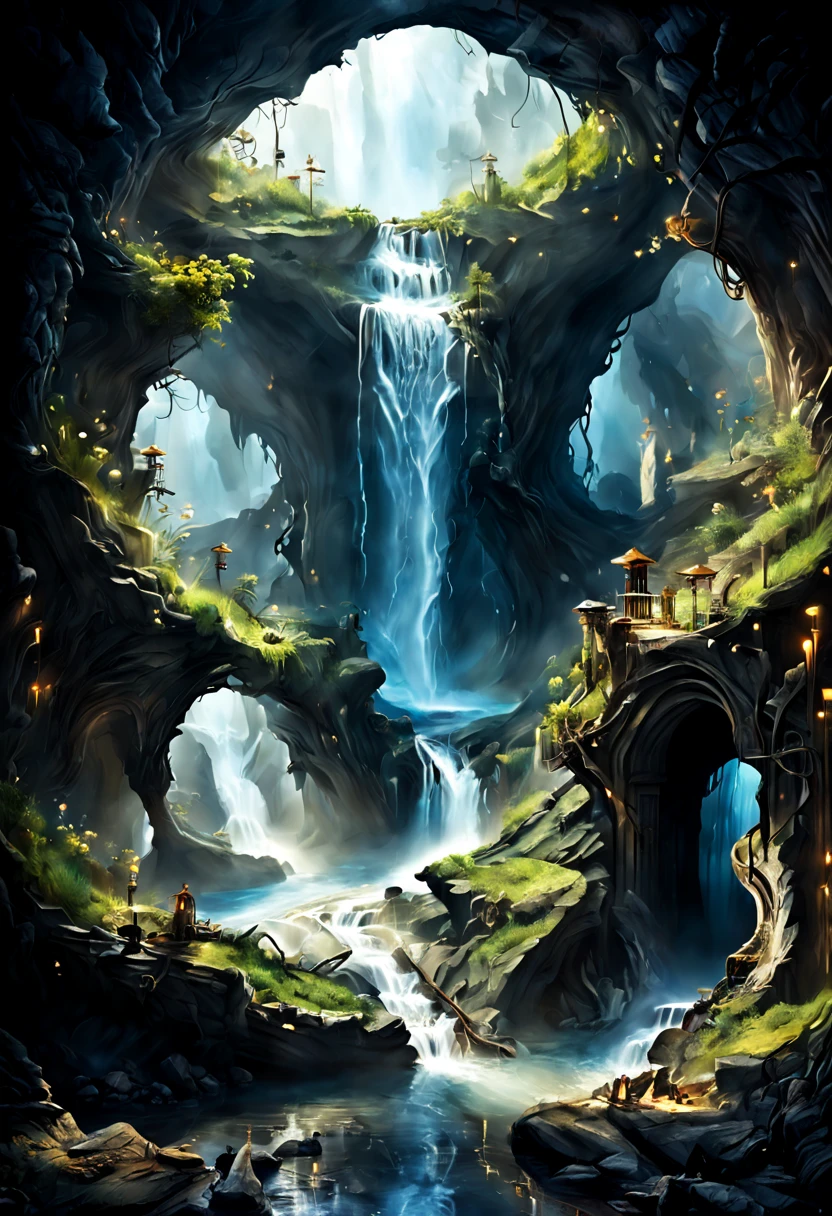 Forgotten Gate of Time and Space.Underground cave room with waterfall,Forgotten Gate of Time and Space/Forgotten Gate of Time and Space/The Forgotten Gate of Time and Space Fantasy Design, Luxurious environment, underground cave environment,, Beautiful fantasy cave scene, futuristic setting,Forgotten Gate of Time and Space