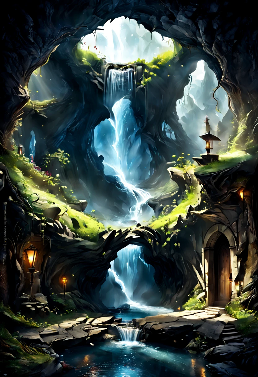 Forgotten Gate of Time and Space.Underground cave room with waterfall,Forgotten Gate of Time and Space/Forgotten Gate of Time and Space/The Forgotten Gate of Time and Space Fantasy Design, Luxurious environment, underground cave environment,, Beautiful fantasy cave scene, futuristic setting,Forgotten Gate of Time and Space