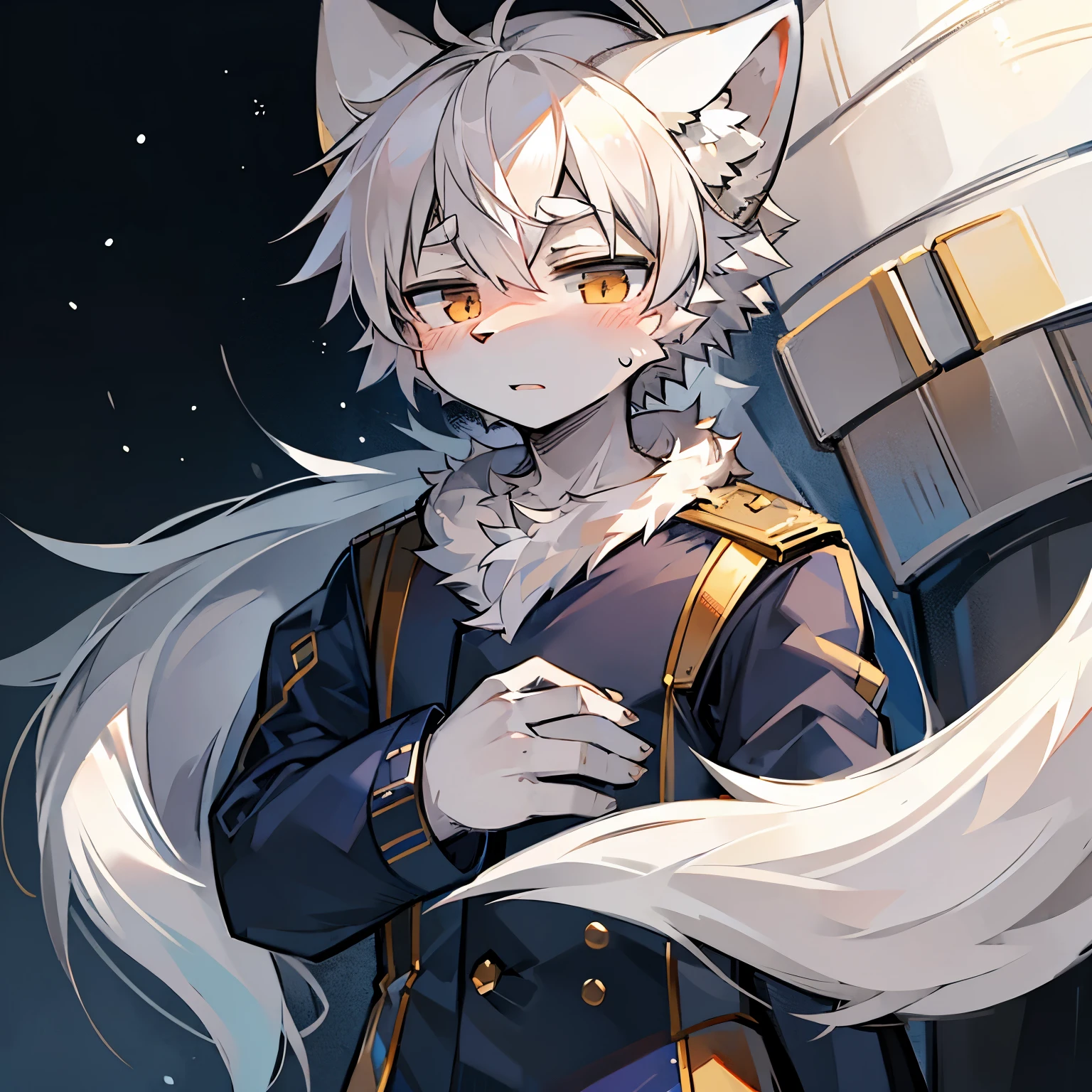 navy,male,Serious expression,,Big white wolf ears,戴白色navy帽,披蓝白色navy衣,Shota,White hair