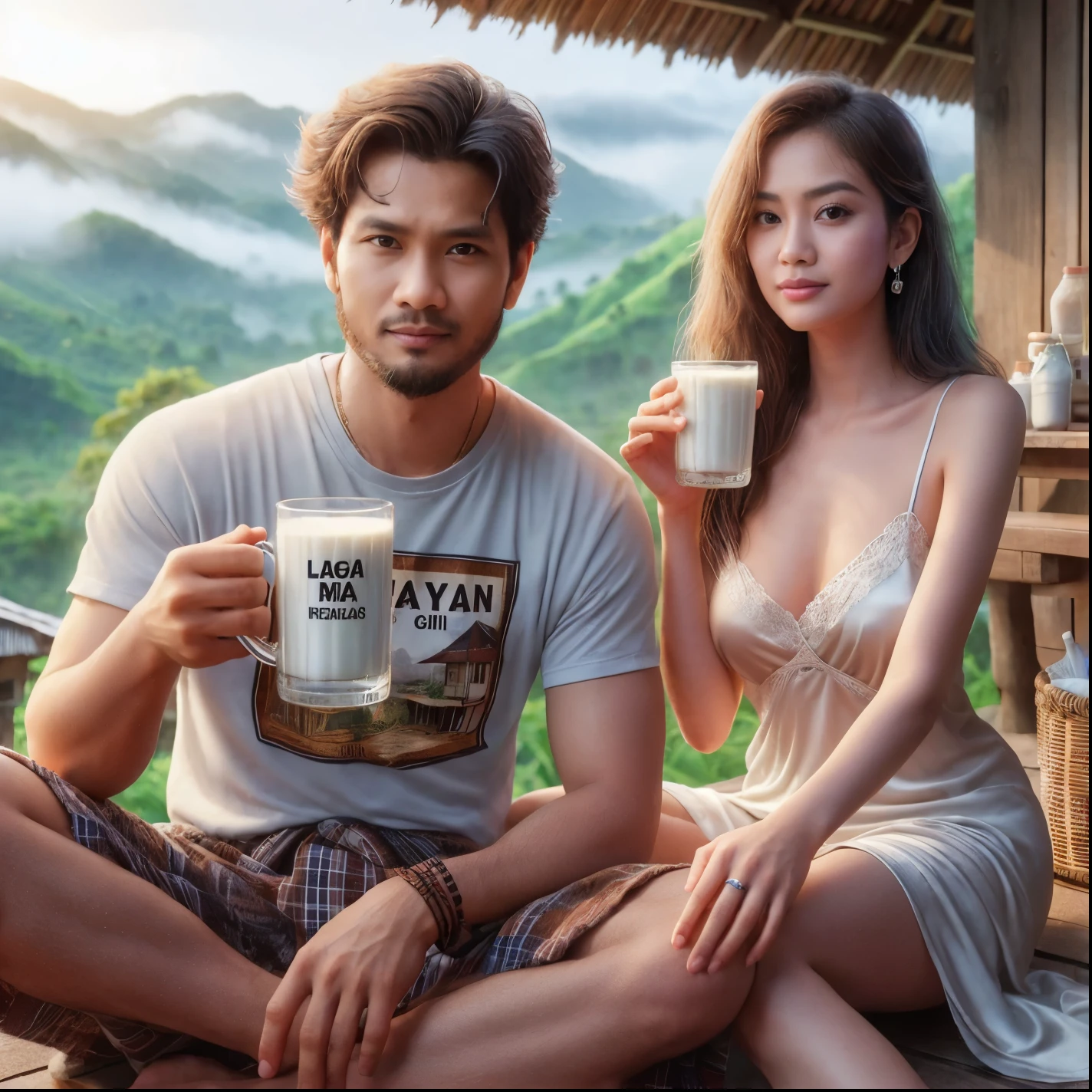 35 year old Indonesian man wearing a t-shirt that says Wayan giri, sarong, 33 year old beautiful woman in a thin nightgown, sitting together in the morning enjoying a glass of hot milk, in a glass that says mas again, sitting in front of a hut on a hill with an all green atmosphere, HD ,10K,realistic,ultra HD