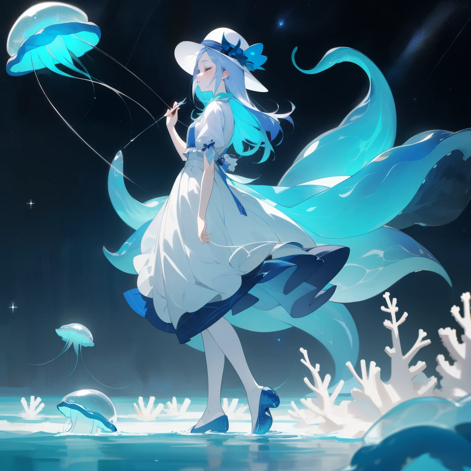 ((best quality)), ((masterpiece)), (detailed), ocean, night, (starry_sky), Cool_colors, 1girl, standing, full_body, (front_view), White_fishtail_skirt, long_skirt, white_wide_brimmed_hat, ((blue_tentacle_hair)), ((Pale_skin)), beautiful_face, Closed_eyes, ((long_eyelashes)), expressionless, ((White_coral)), (_little_jellyfish)
