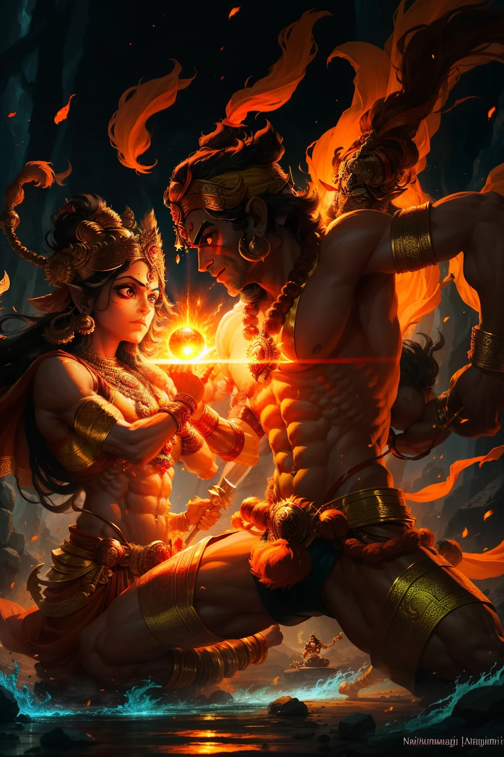 Capture the epic battle between Lord Rama and Hanuman in a visually stunning scene that illuminates the dynamic and intense conflict between two legendary figures. Witness the battlefield come alive with divine energy as Lord Rama and Hanuman engage in an unforgettable combat. Radiate the intensity of the moment with vibrant colors, intricately detailed backgrounds, and dramatic poses that speak to the power and determination of both characters.

Focus on the divine forms of Lord Rama and Hanuman as they clash, their energy radiating from every fiber of their being. Observe the subtle yet profound emotions that dance across their faces, conveying the depth of their connection and their unwavering devotion