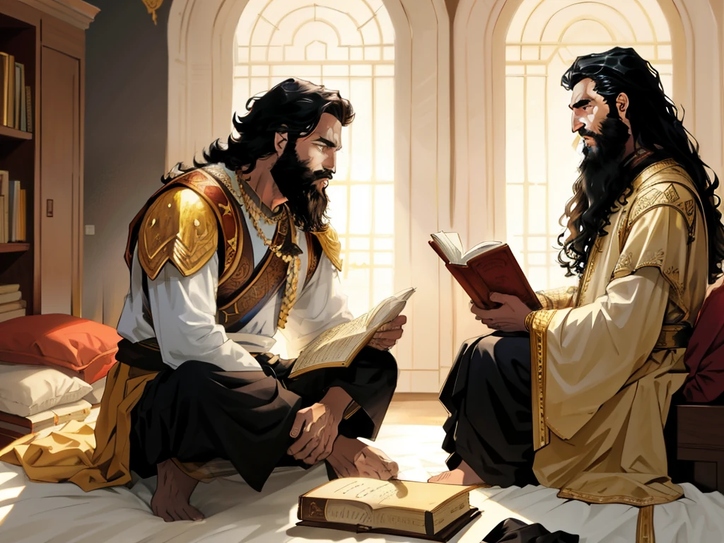 There is a king with a beard and black hair sitting on a bed. There are two servants standing with a book in their hand. biblical costumes. biblical style. biblical setting.
